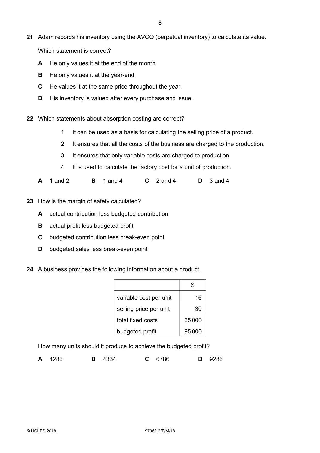 Cambridge A Level Accounting 9706 2018 Feb/March Paper 1 · Variant 2 question paper, page 8 of 12