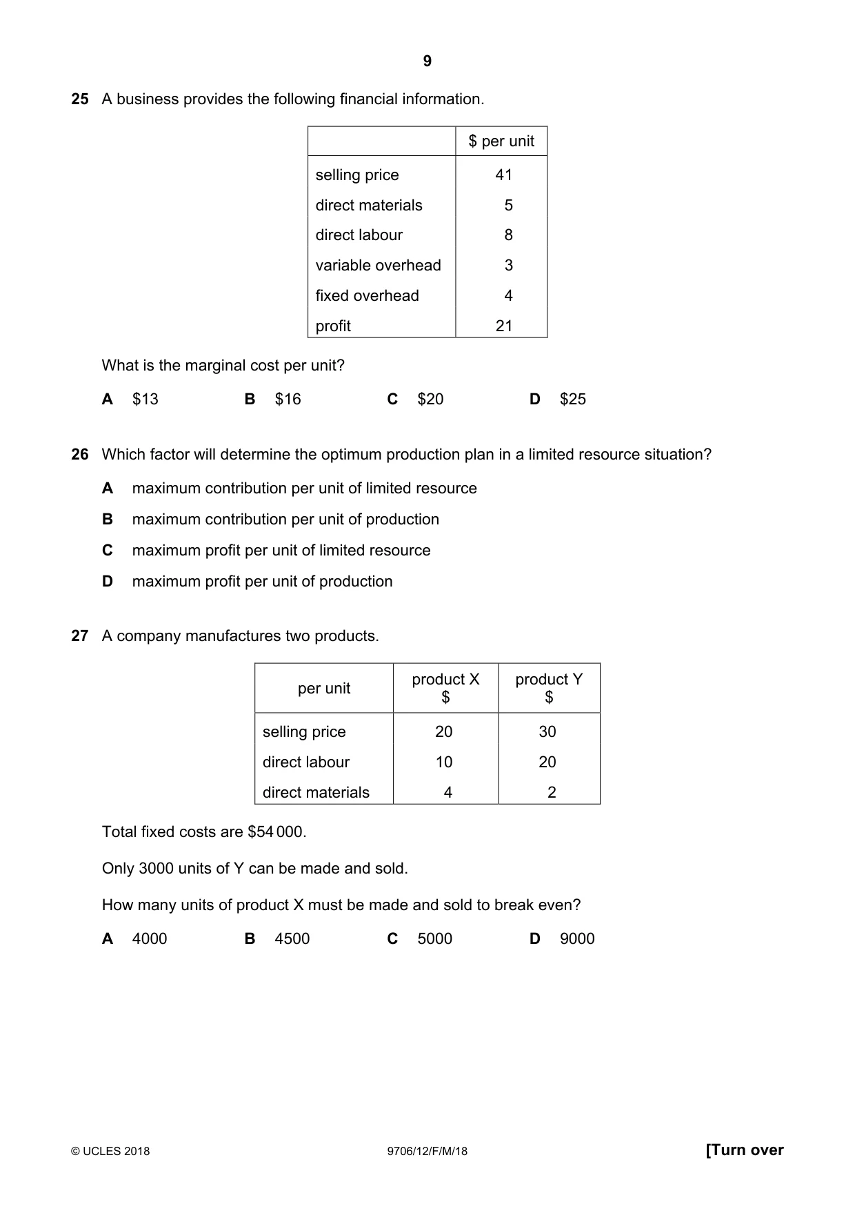 Cambridge A Level Accounting 9706 2018 Feb/March Paper 1 · Variant 2 question paper, page 9 of 12