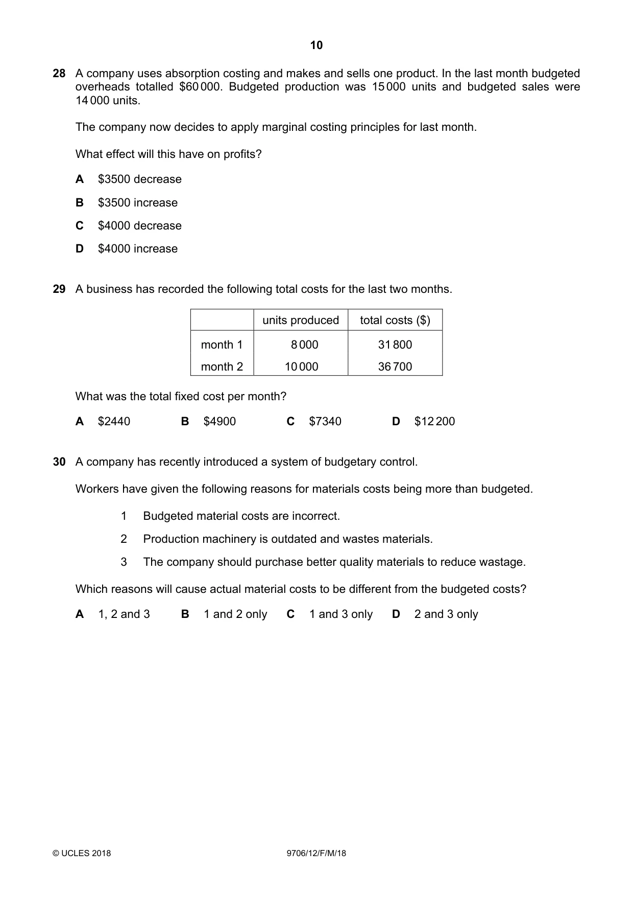 Cambridge A Level Accounting 9706 2018 Feb/March Paper 1 · Variant 2 question paper, page 10 of 12