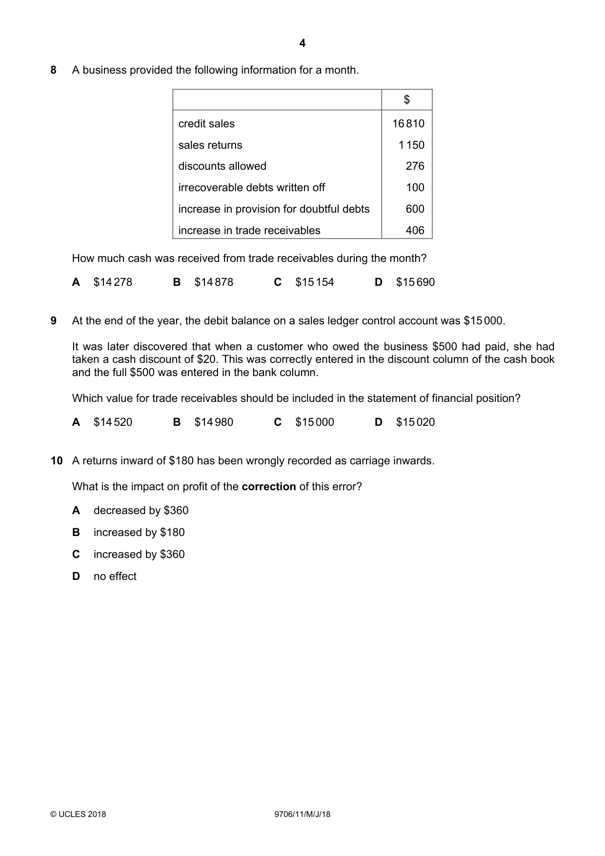 Cambridge A Level Accounting 9706 2018 May/June Paper 1 · Variant 1 question paper, page 4 of 12