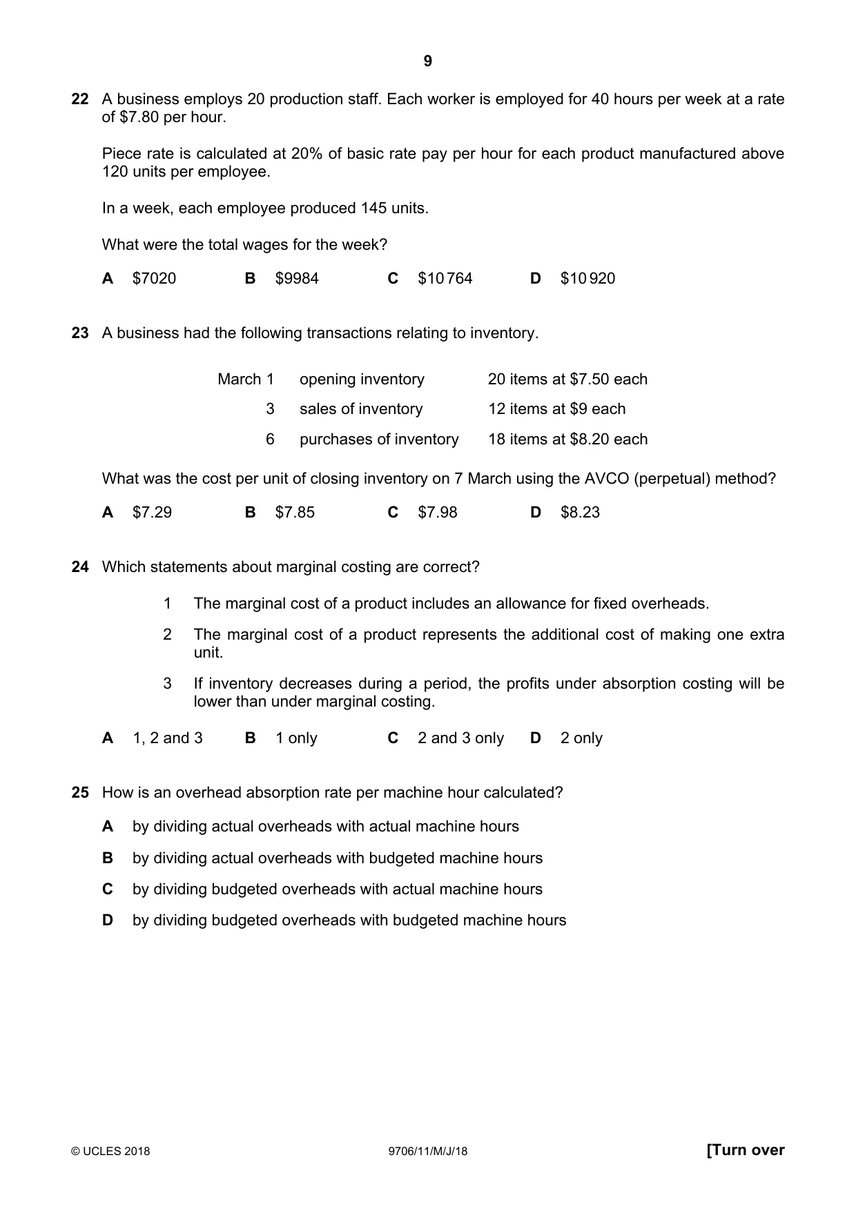 Cambridge A Level Accounting 9706 2018 May/June Paper 1 · Variant 1 question paper, page 9 of 12