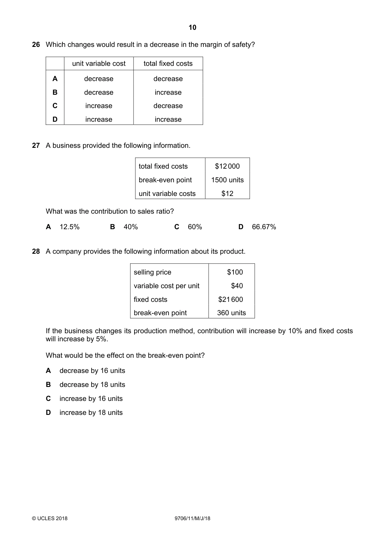 Cambridge A Level Accounting 9706 2018 May/June Paper 1 · Variant 1 question paper, page 10 of 12