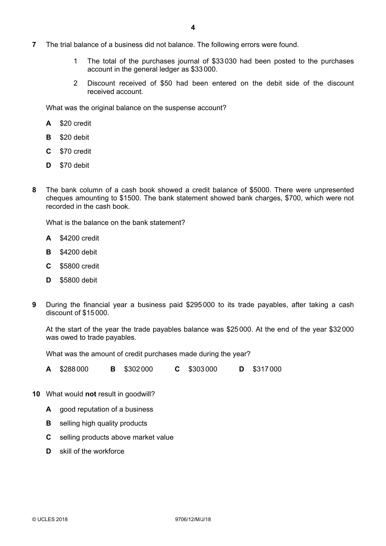 Cambridge A Level Accounting 9706 2018 May/June Paper 1 · Variant 2 question paper, page 4 of 12