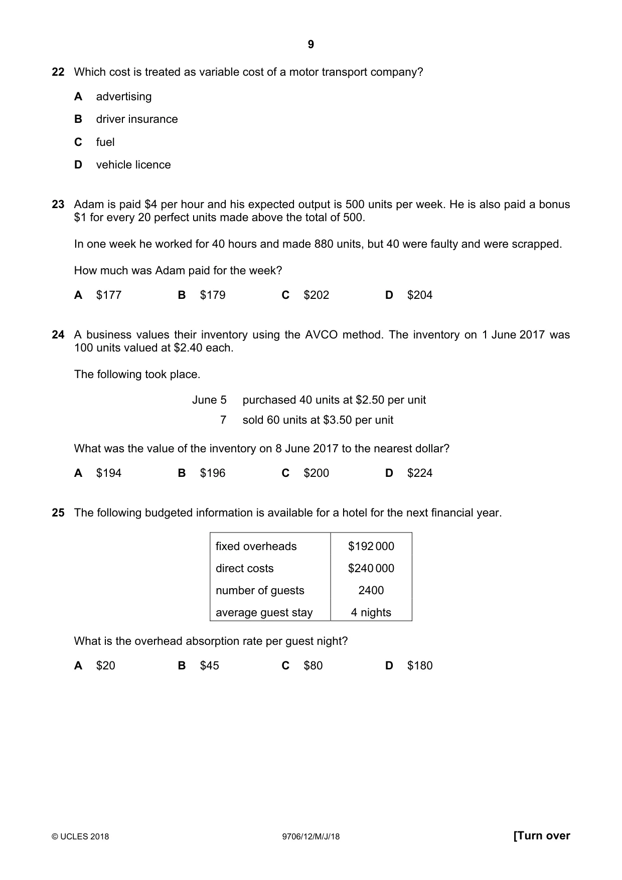 Cambridge A Level Accounting 9706 2018 May/June Paper 1 · Variant 2 question paper, page 9 of 12