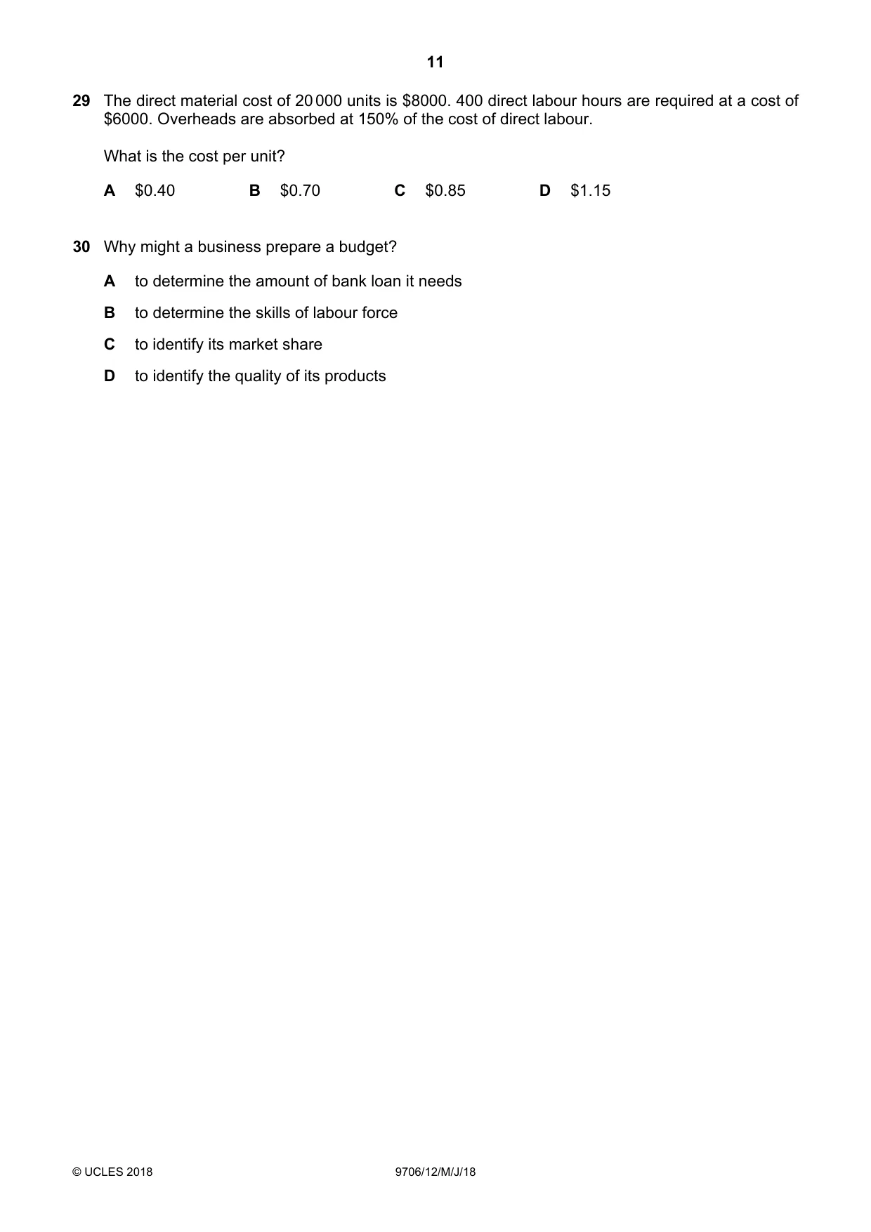 Cambridge A Level Accounting 9706 2018 May/June Paper 1 · Variant 2 question paper, page 11 of 12