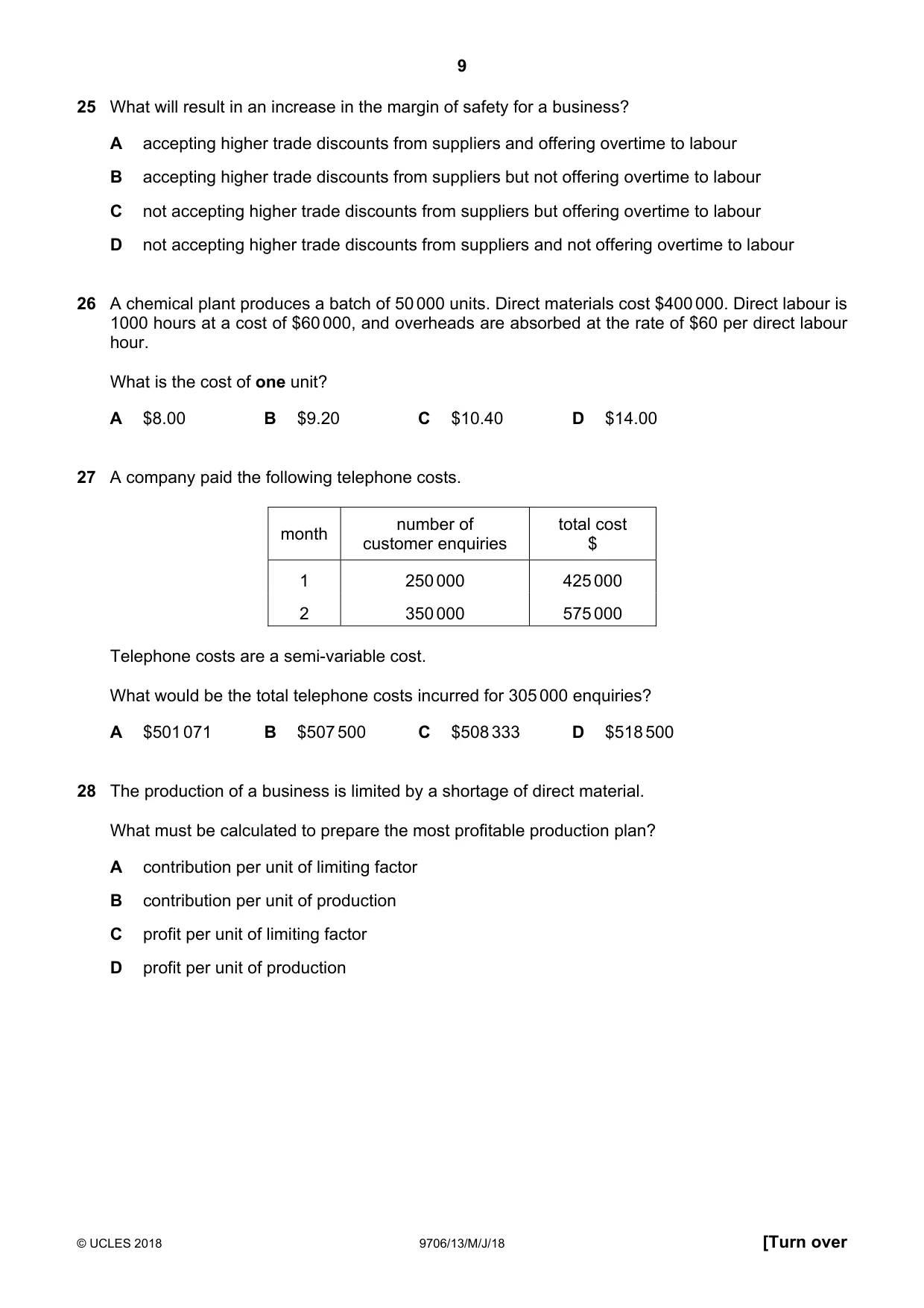 Cambridge A Level Accounting 9706 2018 May/June Paper 1 · Variant 3 question paper, page 9 of 12