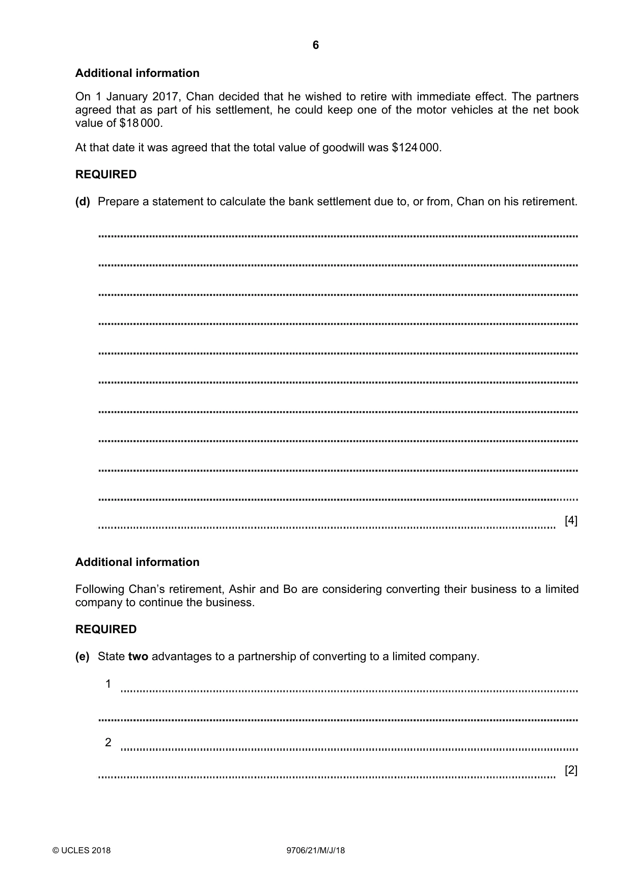 Cambridge A Level Accounting 9706 2018 May/June Paper 2 · Variant 1 question paper, page 6 of 20