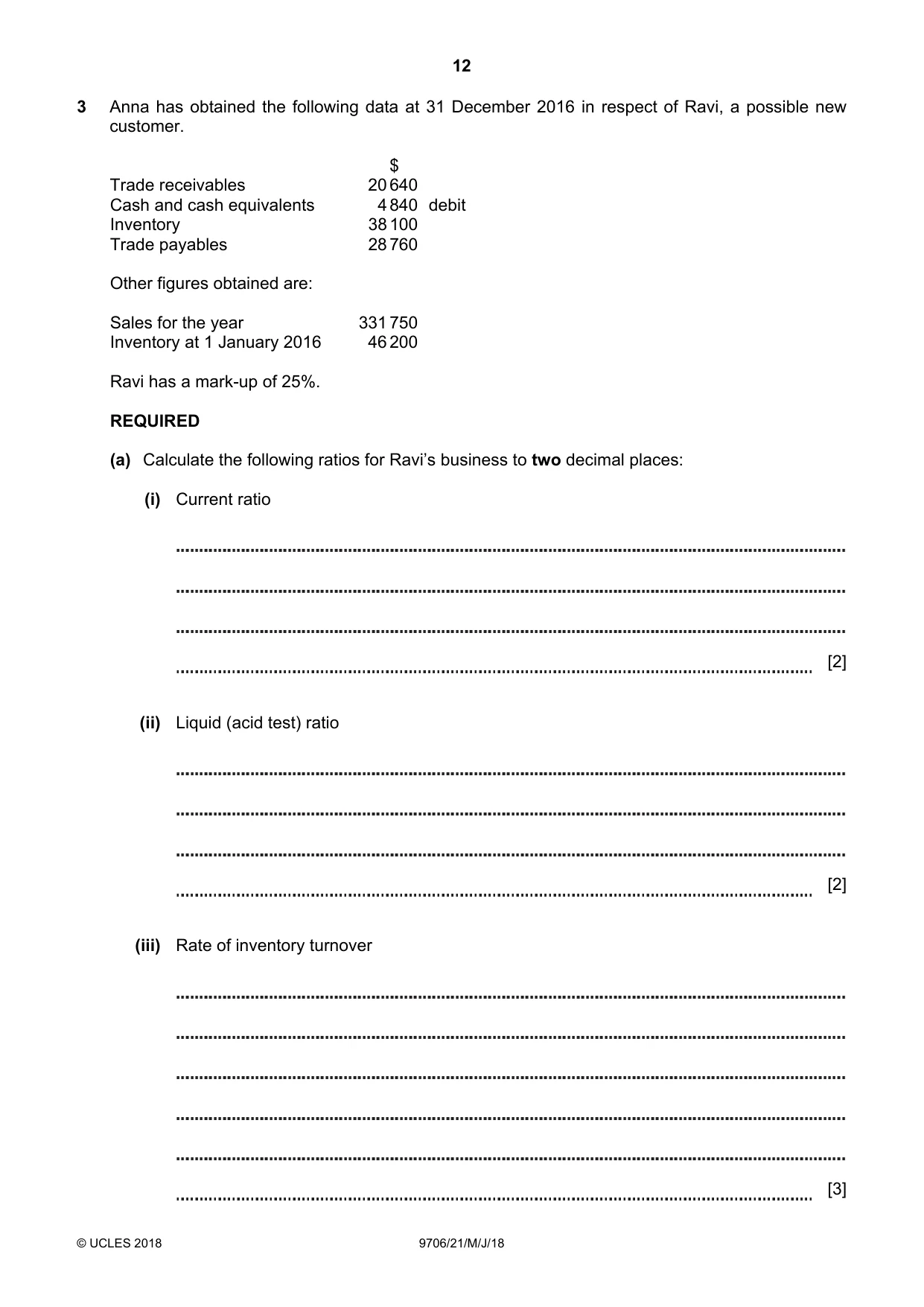 Cambridge A Level Accounting 9706 2018 May/June Paper 2 · Variant 1 question paper, page 12 of 20
