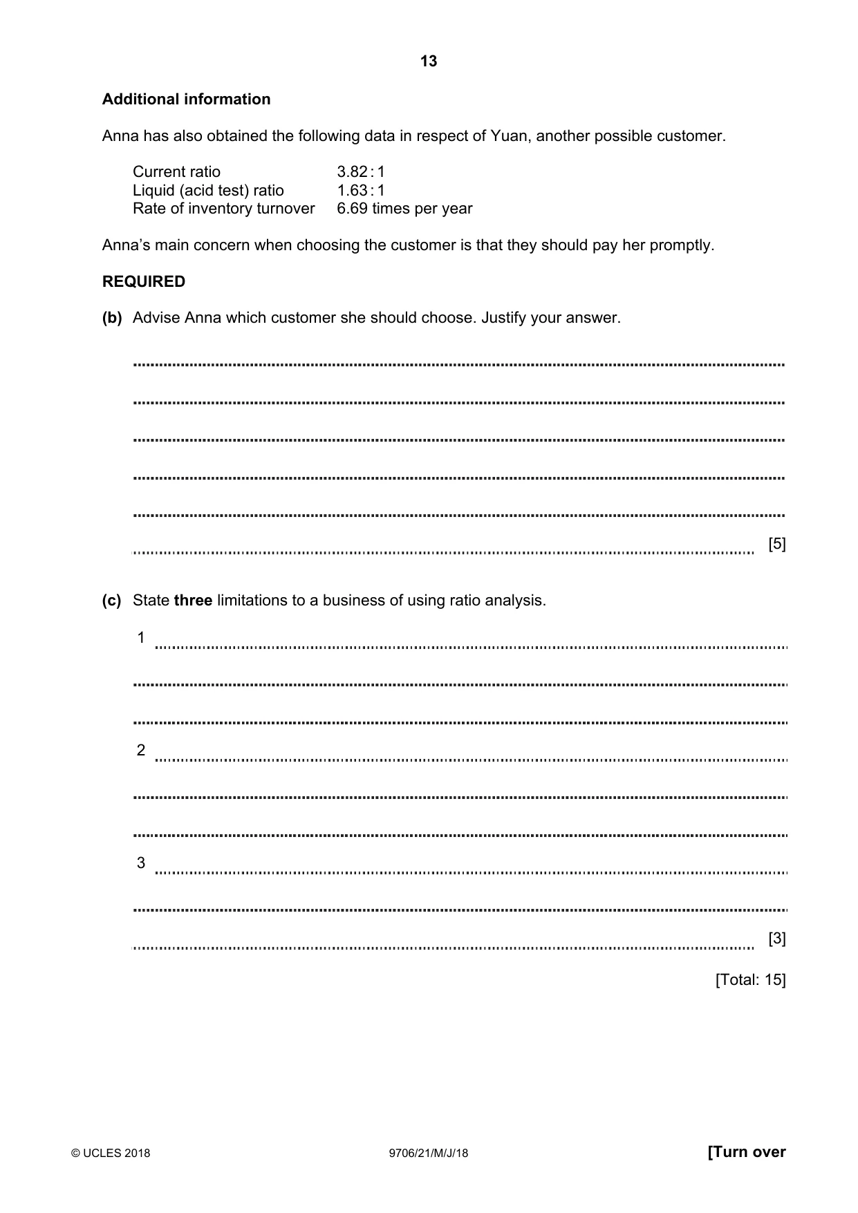 Cambridge A Level Accounting 9706 2018 May/June Paper 2 · Variant 1 question paper, page 13 of 20