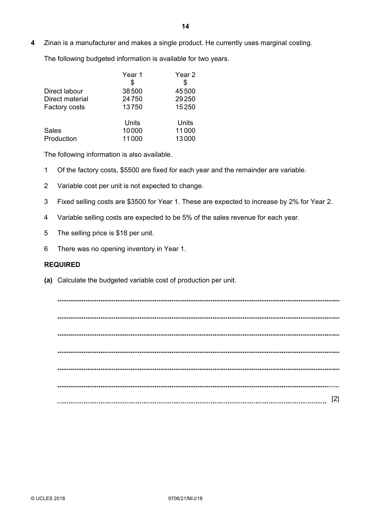 Cambridge A Level Accounting 9706 2018 May/June Paper 2 · Variant 1 question paper, page 14 of 20