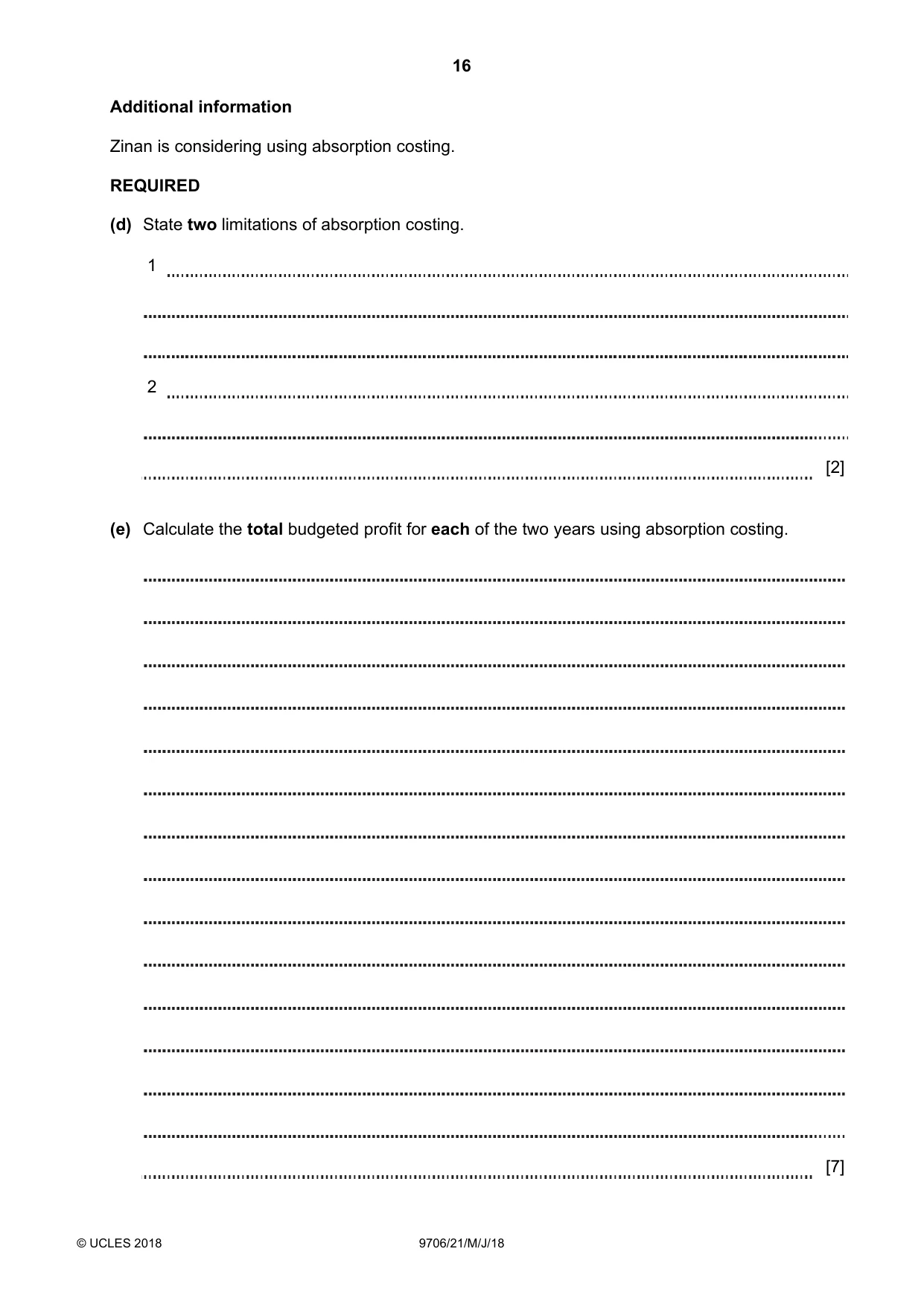 Cambridge A Level Accounting 9706 2018 May/June Paper 2 · Variant 1 question paper, page 16 of 20