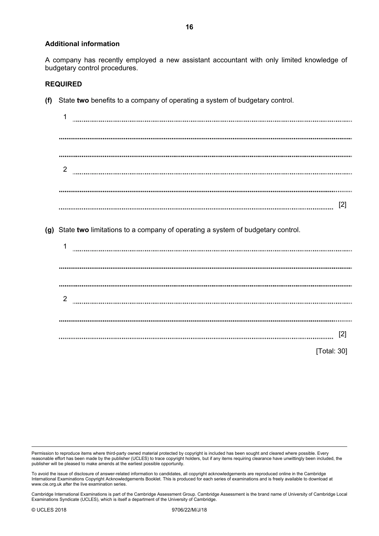 Cambridge A Level Accounting 9706 2018 May/June Paper 2 · Variant 2 question paper, page 16 of 16