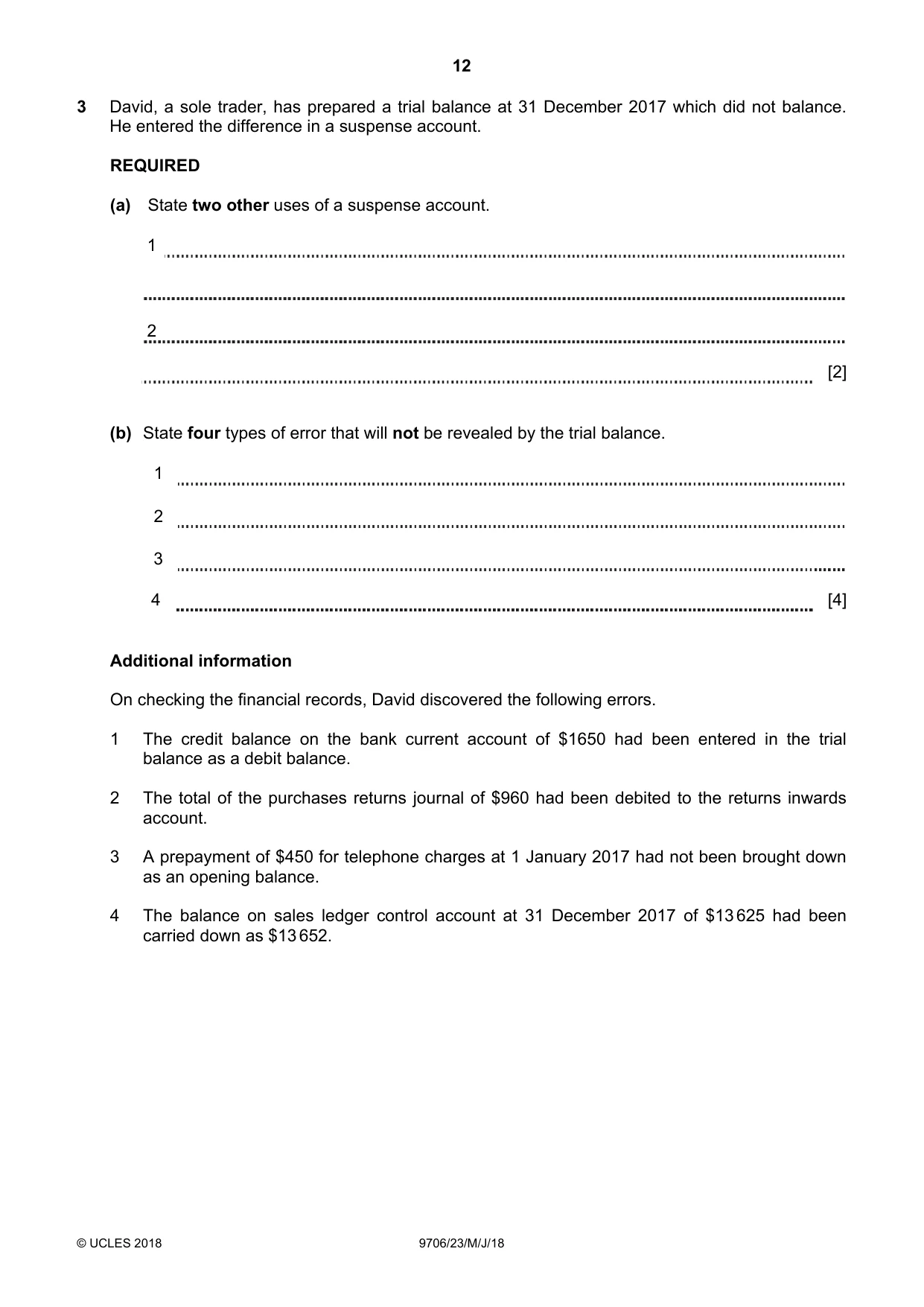 Cambridge A Level Accounting 9706 2018 May/June Paper 2 · Variant 3 question paper, page 12 of 20