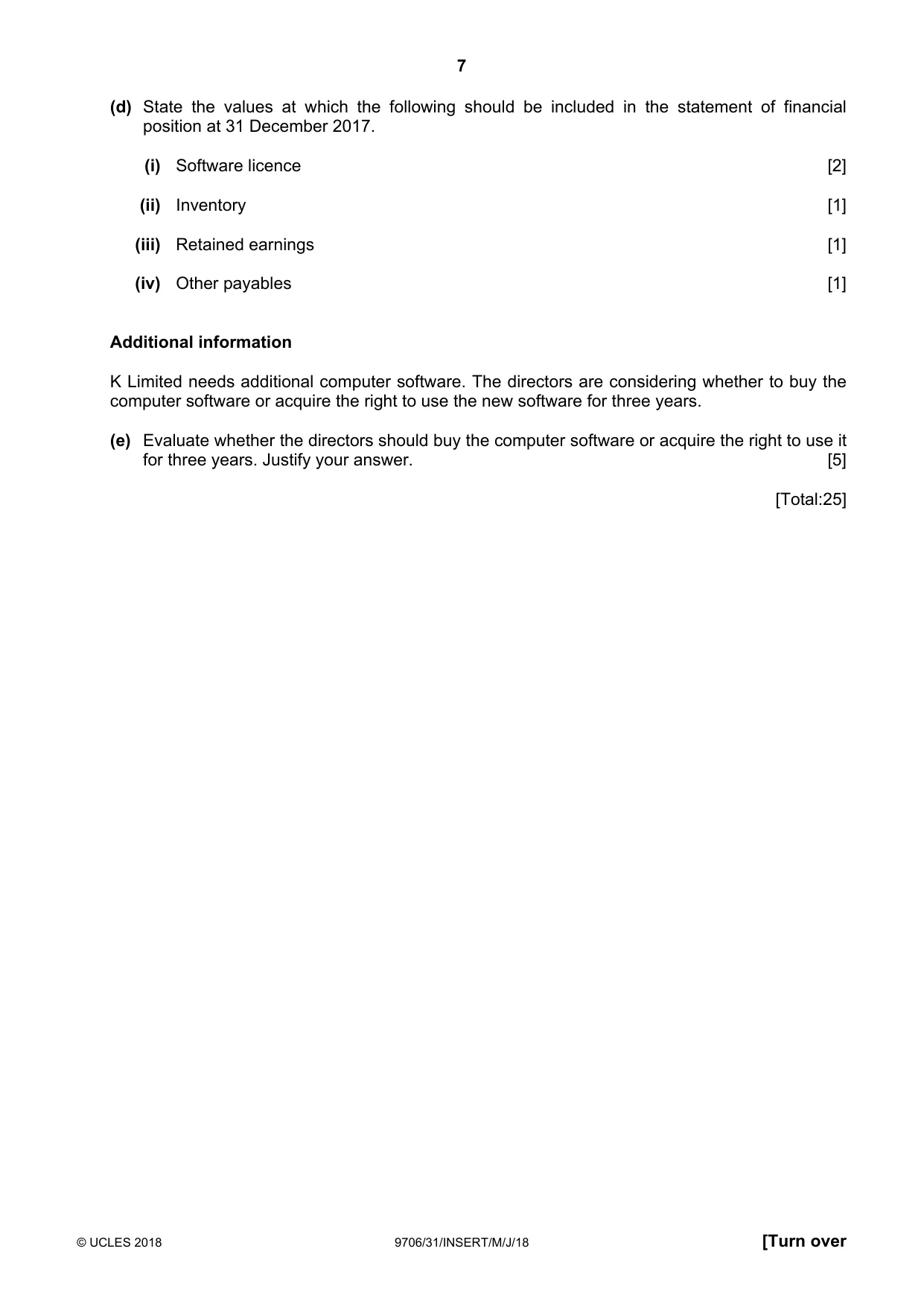Cambridge A Level Accounting 9706 2018 May/June Paper 3 · Variant 1 question paper, page 7 of 16