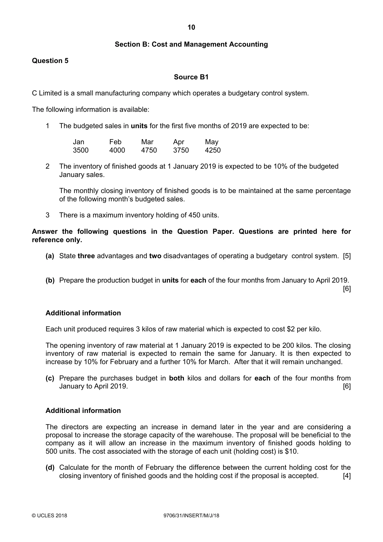 Cambridge A Level Accounting 9706 2018 May/June Paper 3 · Variant 1 question paper, page 10 of 16