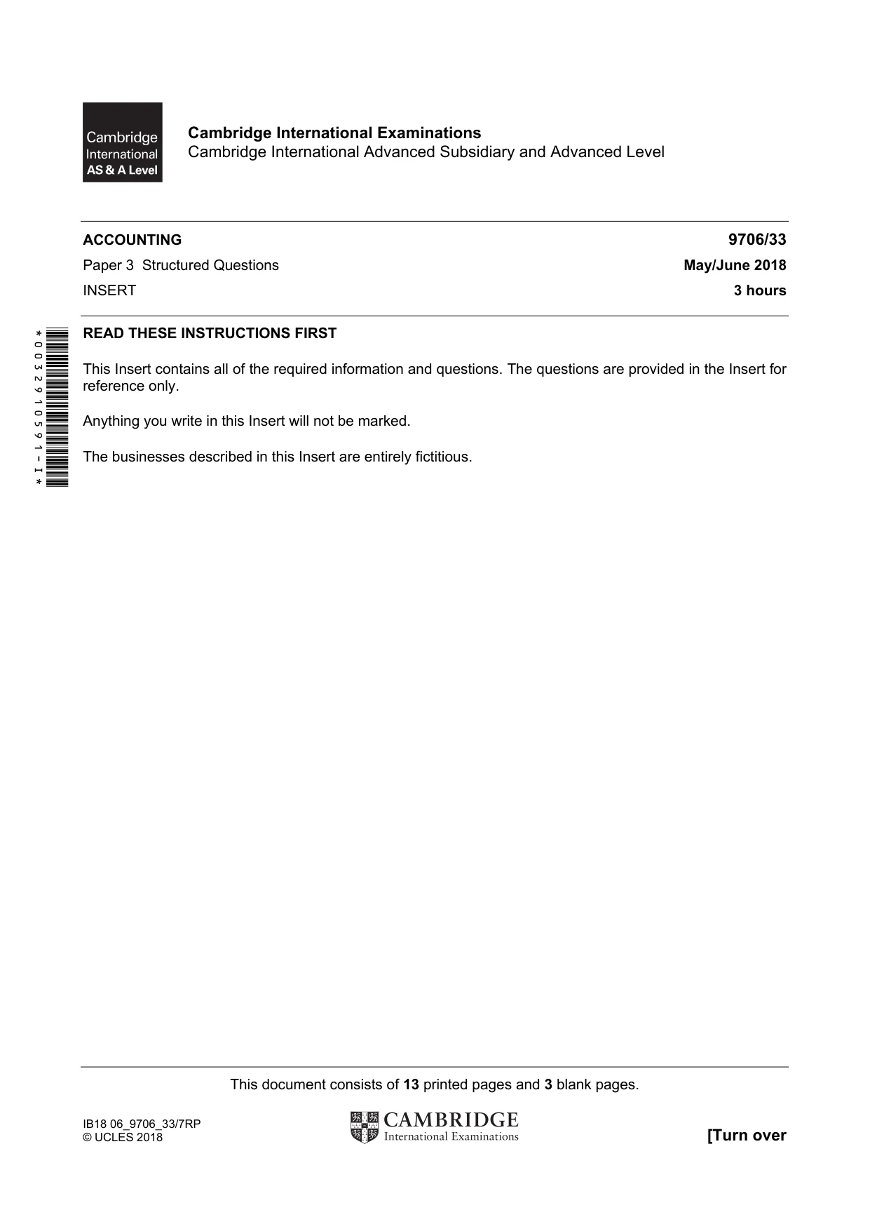 Cambridge A Level Accounting 9706 2018 May/June Paper 3 · Variant 3 question paper, page 1 of 16