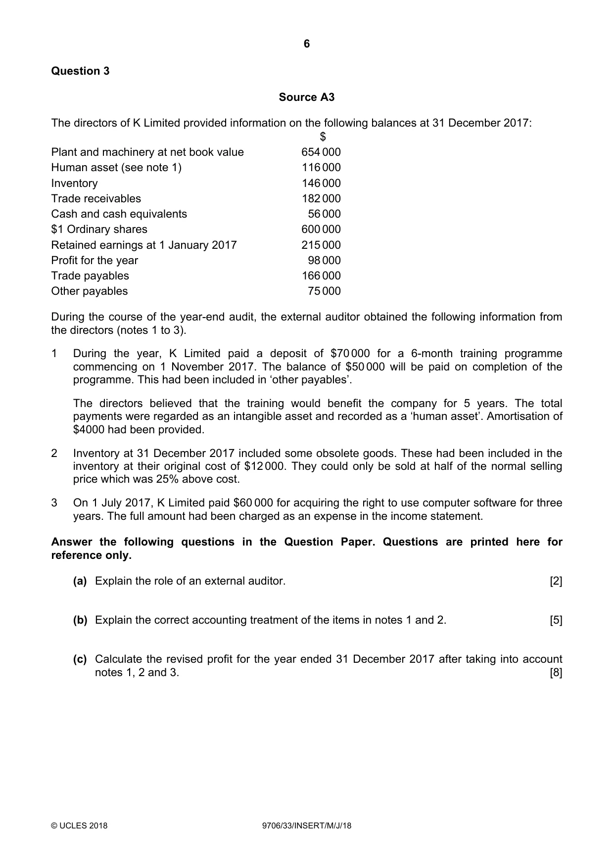 Cambridge A Level Accounting 9706 2018 May/June Paper 3 · Variant 3 question paper, page 6 of 16