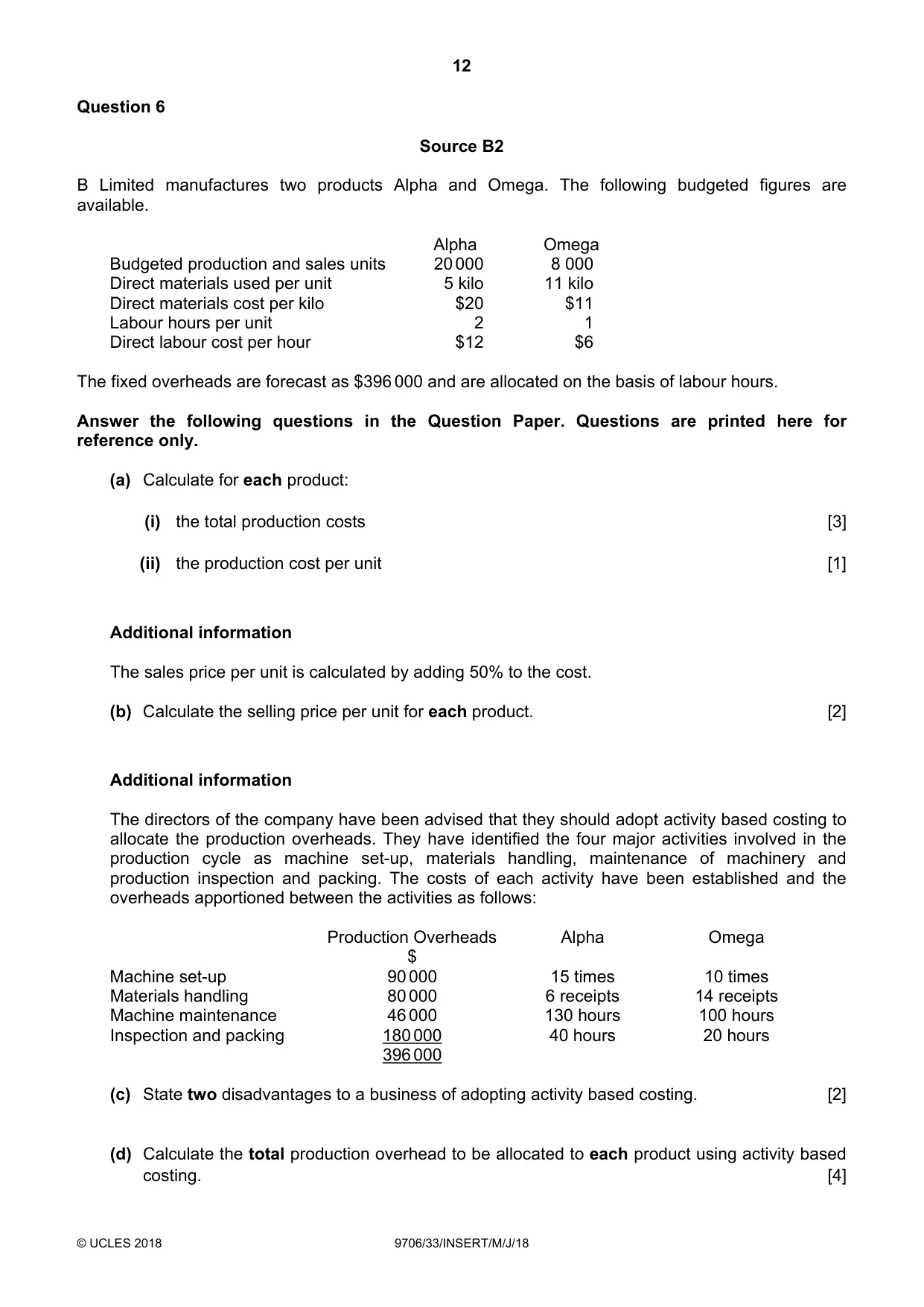 Cambridge A Level Accounting 9706 2018 May/June Paper 3 · Variant 3 question paper, page 12 of 16