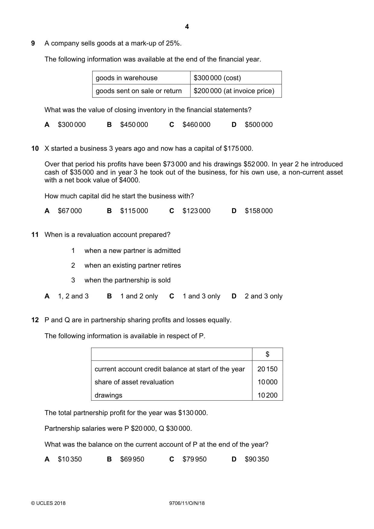 Cambridge A Level Accounting 9706 2018 Oct/Nov Paper 1 · Variant 1 question paper, page 4 of 12