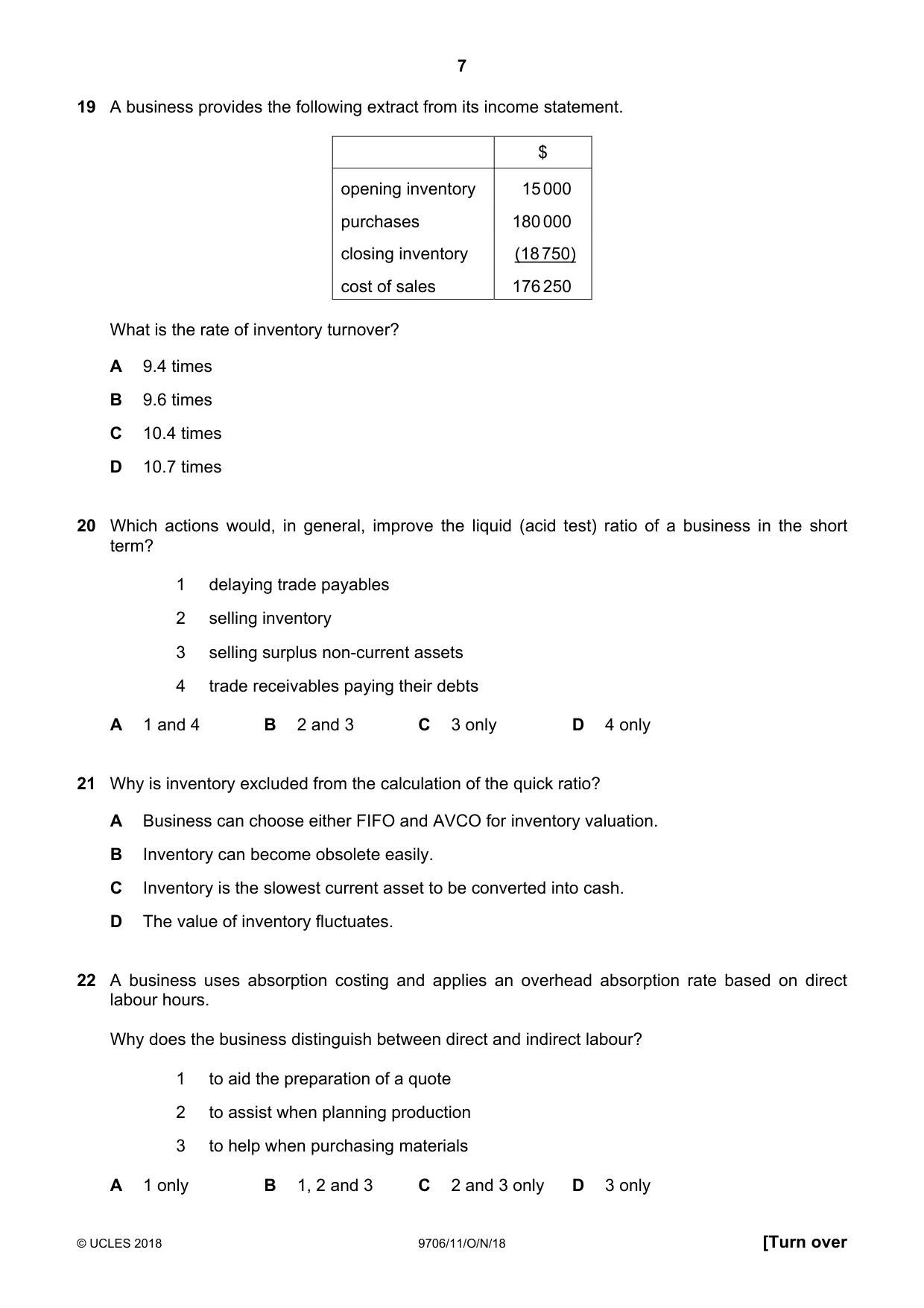 Cambridge A Level Accounting 9706 2018 Oct/Nov Paper 1 · Variant 1 question paper, page 7 of 12