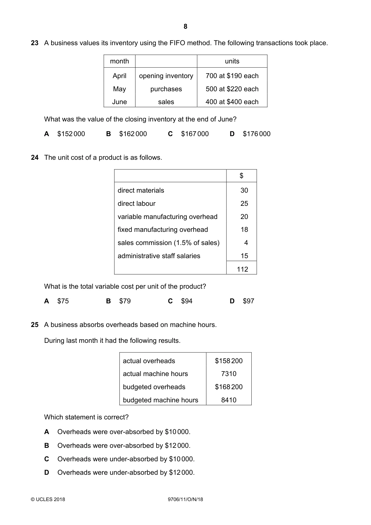 Cambridge A Level Accounting 9706 2018 Oct/Nov Paper 1 · Variant 1 question paper, page 8 of 12