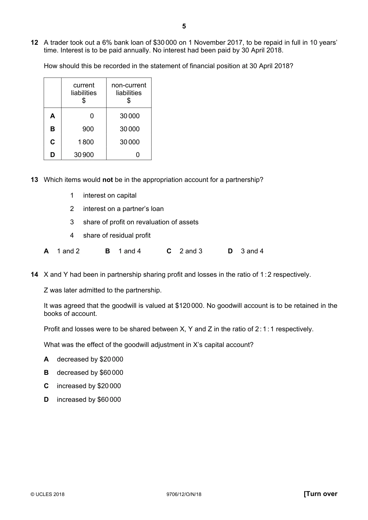 Cambridge A Level Accounting 9706 2018 Oct/Nov Paper 1 · Variant 2 question paper, page 5 of 12
