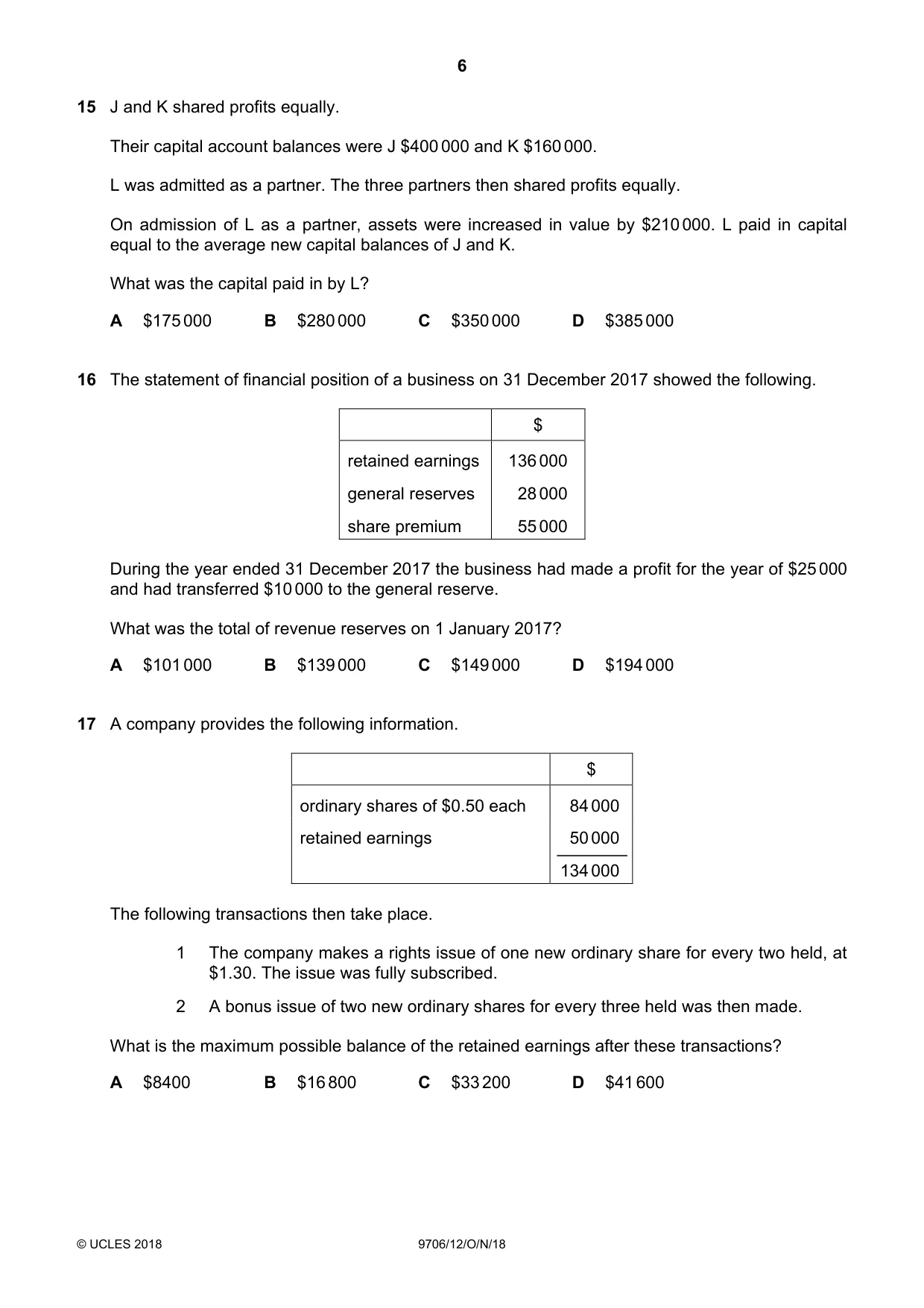 Cambridge A Level Accounting 9706 2018 Oct/Nov Paper 1 · Variant 2 question paper, page 6 of 12
