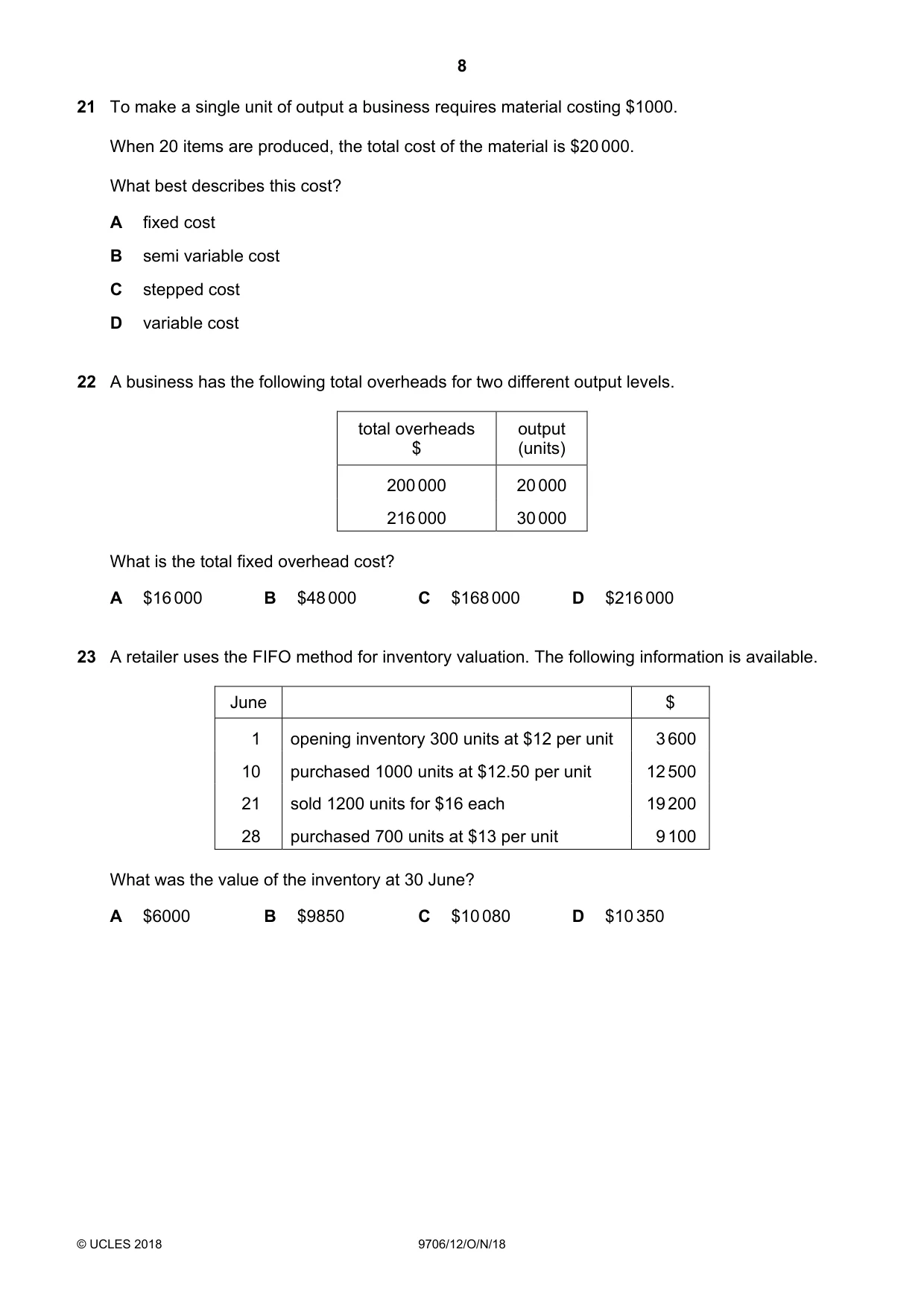 Cambridge A Level Accounting 9706 2018 Oct/Nov Paper 1 · Variant 2 question paper, page 8 of 12