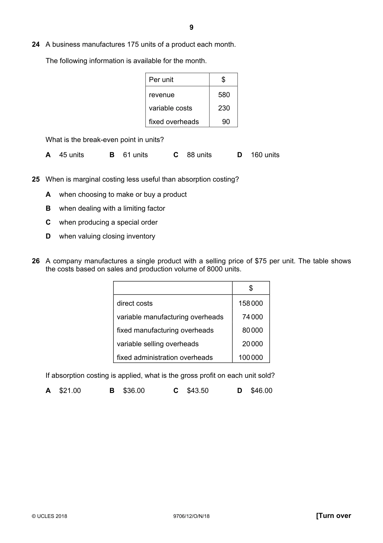 Cambridge A Level Accounting 9706 2018 Oct/Nov Paper 1 · Variant 2 question paper, page 9 of 12