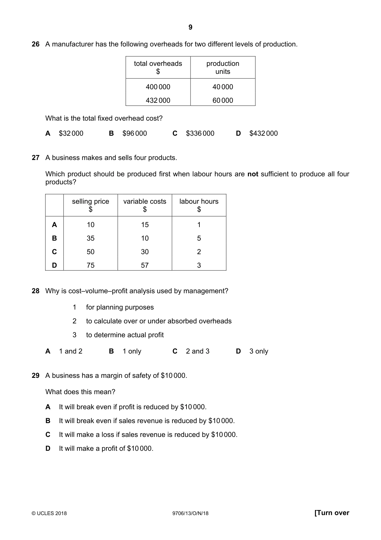 Cambridge A Level Accounting 9706 2018 Oct/Nov Paper 1 · Variant 3 question paper, page 9 of 12