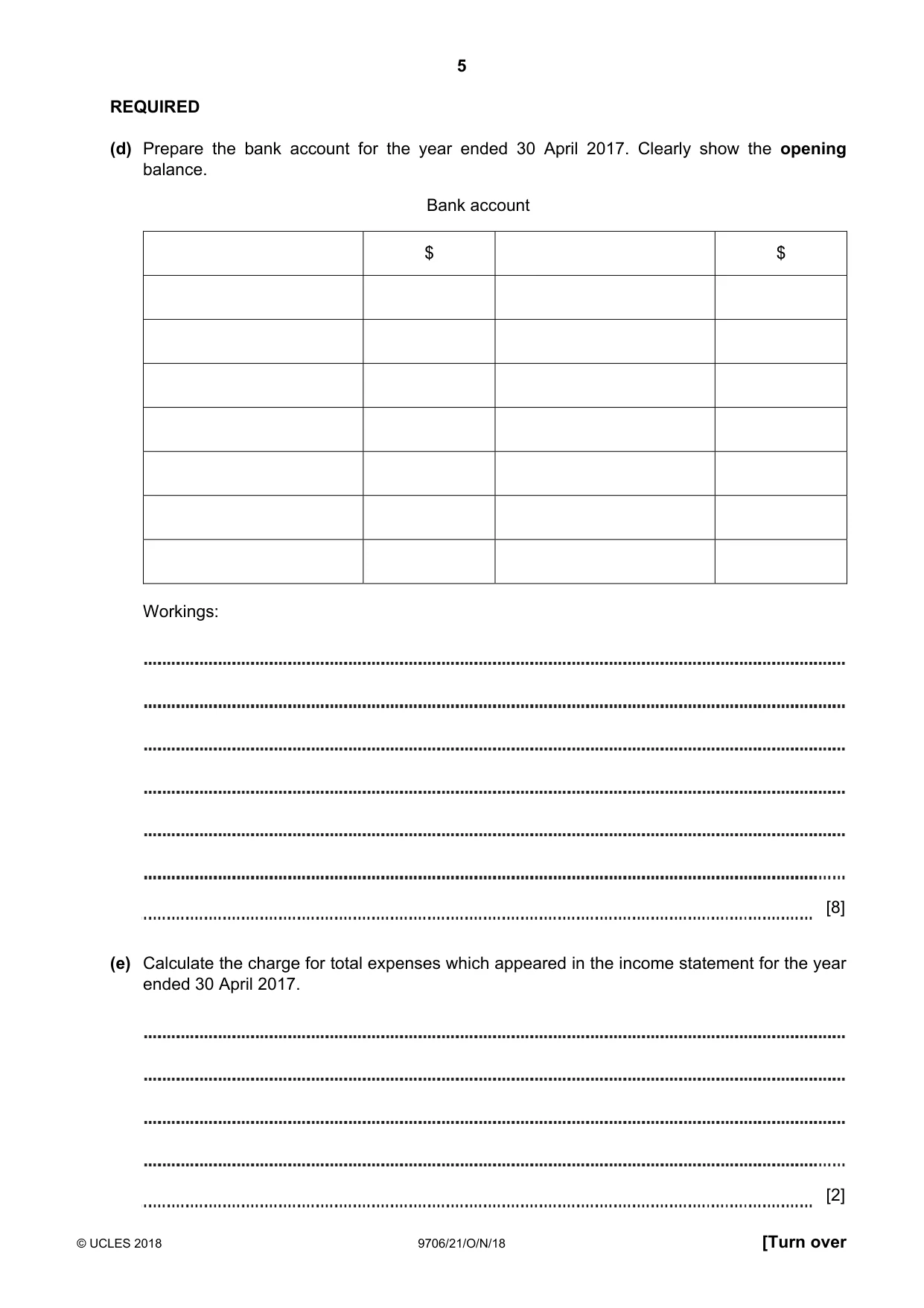 Cambridge A Level Accounting 9706 2018 Oct/Nov Paper 2 · Variant 1 question paper, page 5 of 20
