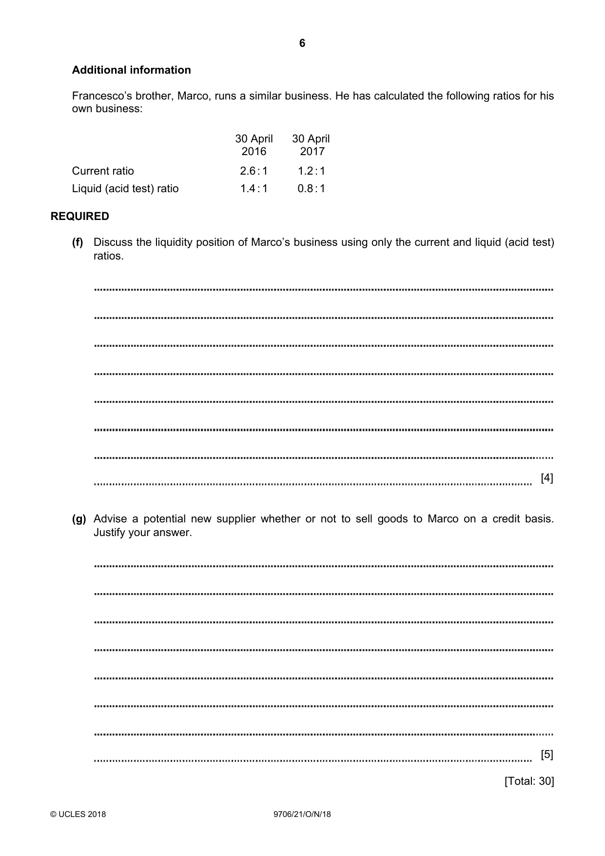 Cambridge A Level Accounting 9706 2018 Oct/Nov Paper 2 · Variant 1 question paper, page 6 of 20