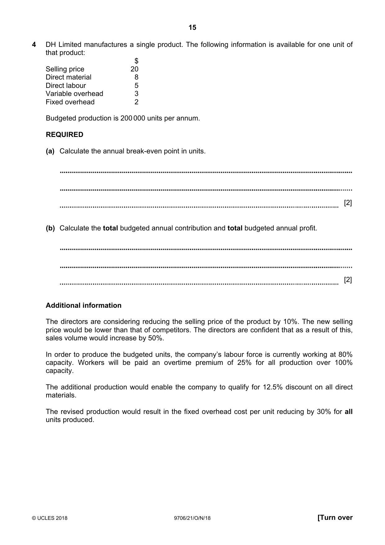 Cambridge A Level Accounting 9706 2018 Oct/Nov Paper 2 · Variant 1 question paper, page 15 of 20