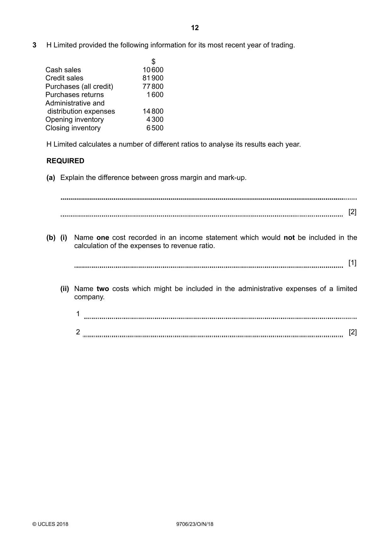 Cambridge A Level Accounting 9706 2018 Oct/Nov Paper 2 · Variant 3 question paper, page 12 of 20