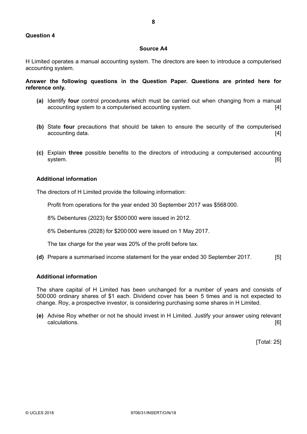 Cambridge A Level Accounting 9706 2018 Oct/Nov Paper 3 · Variant 1 question paper, page 8 of 12