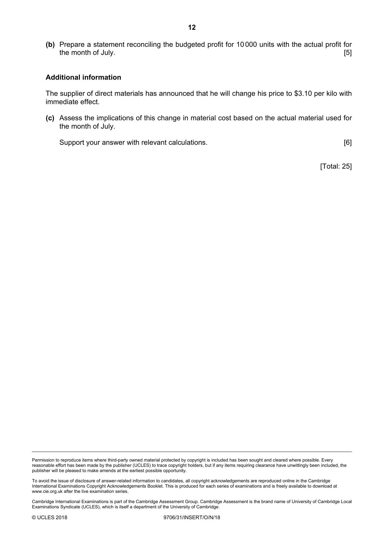 Cambridge A Level Accounting 9706 2018 Oct/Nov Paper 3 · Variant 1 question paper, page 12 of 12
