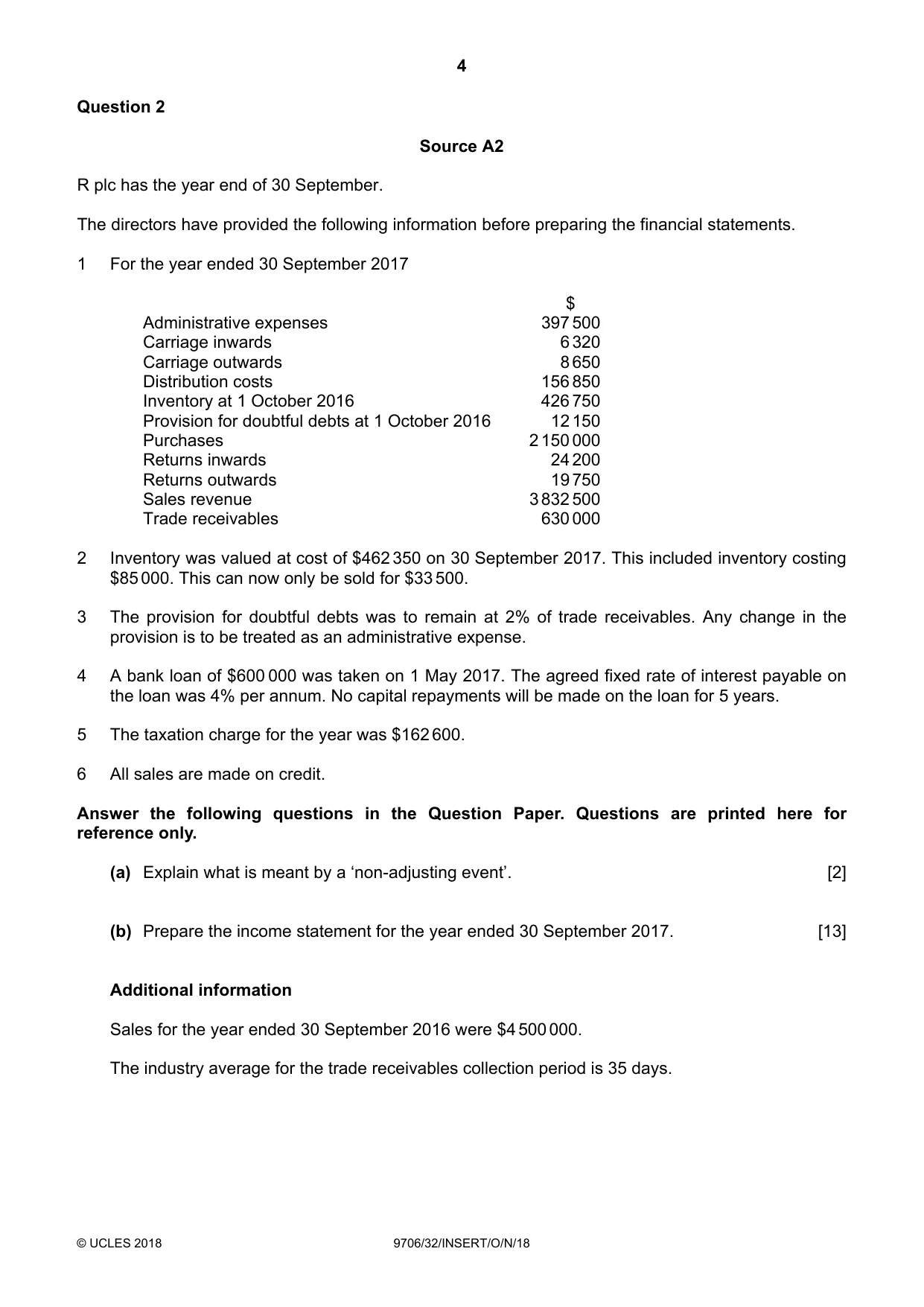 Cambridge A Level Accounting 9706 2018 Oct/Nov Paper 3 · Variant 2 question paper, page 4 of 12