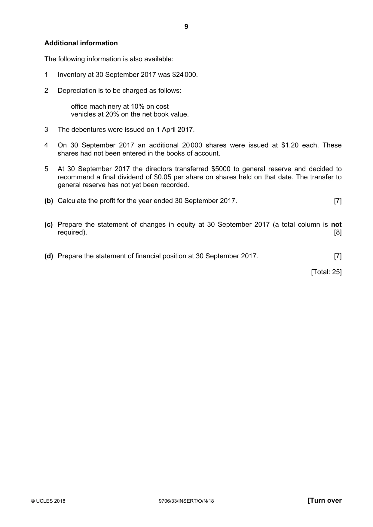 Cambridge A Level Accounting 9706 2018 Oct/Nov Paper 3 · Variant 3 question paper, page 9 of 12