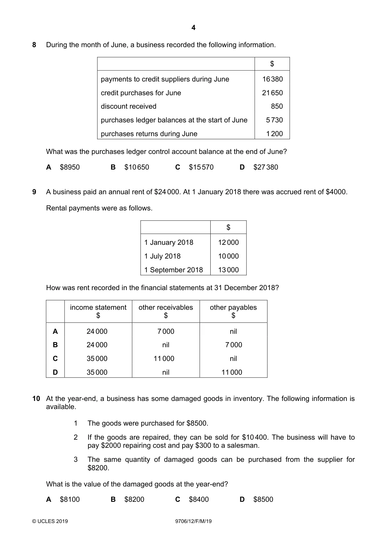 Cambridge A Level Accounting 9706 2019 Feb/March Paper 1 · Variant 2 question paper, page 4 of 12