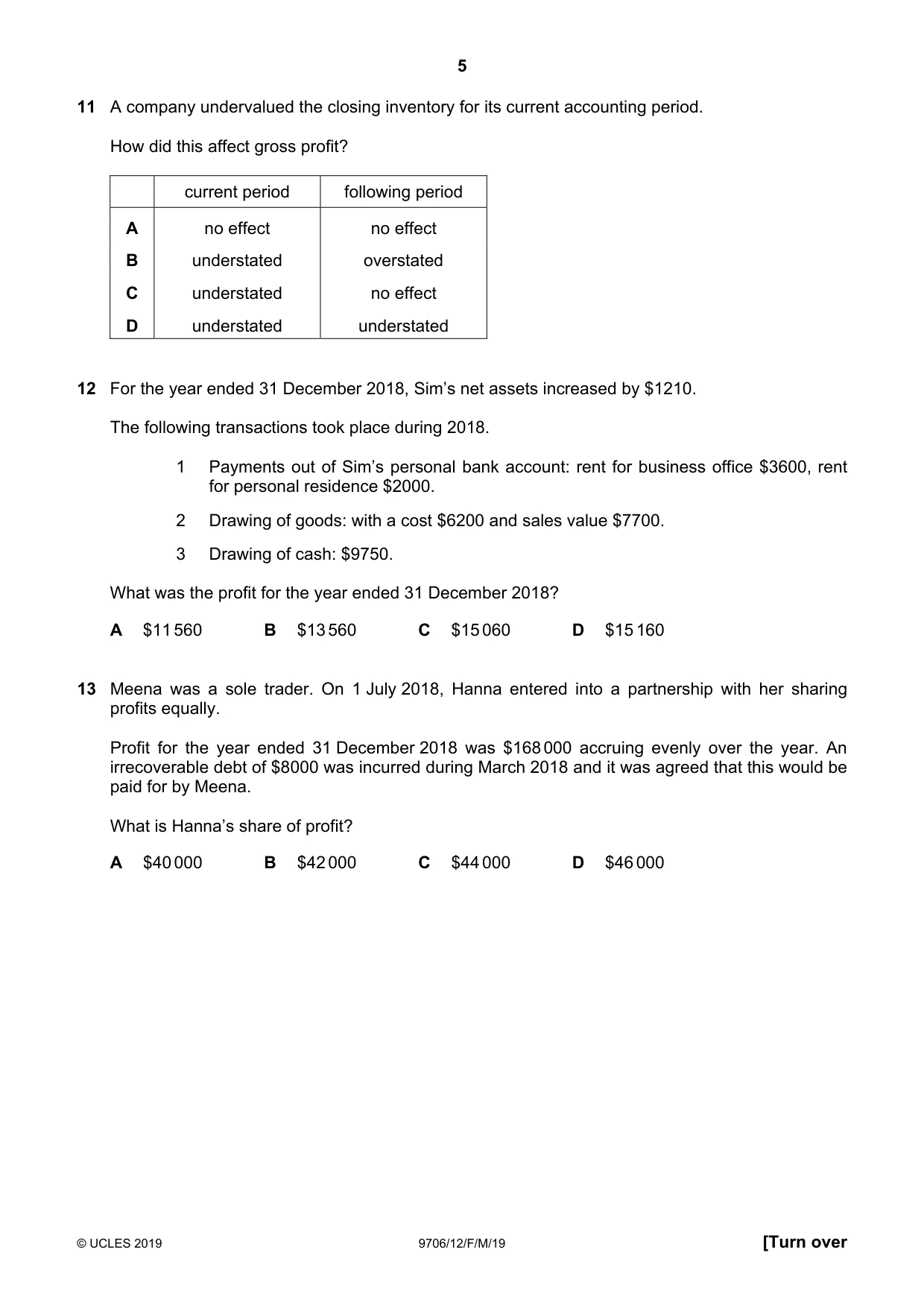 Cambridge A Level Accounting 9706 2019 Feb/March Paper 1 · Variant 2 question paper, page 5 of 12