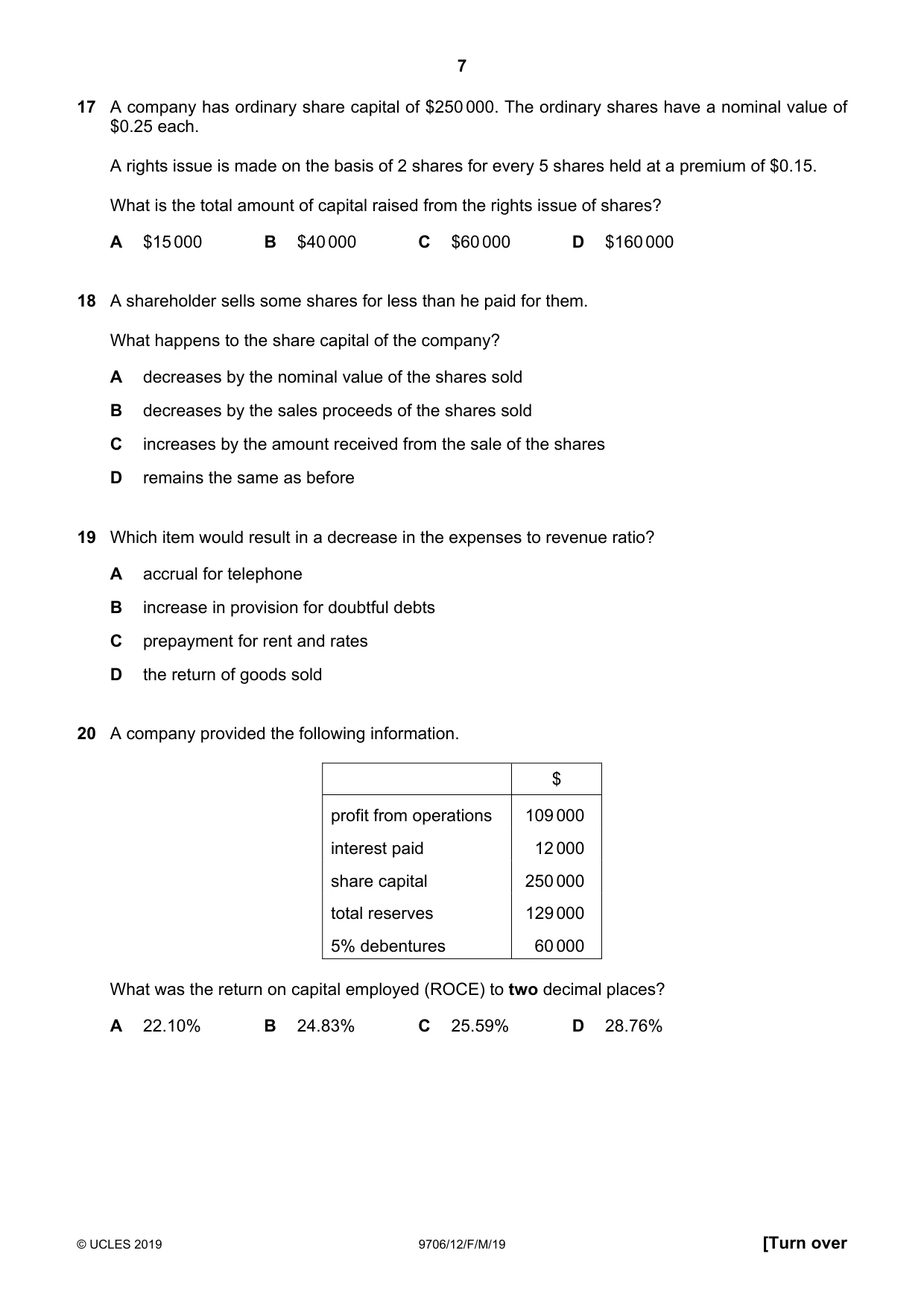 Cambridge A Level Accounting 9706 2019 Feb/March Paper 1 · Variant 2 question paper, page 7 of 12
