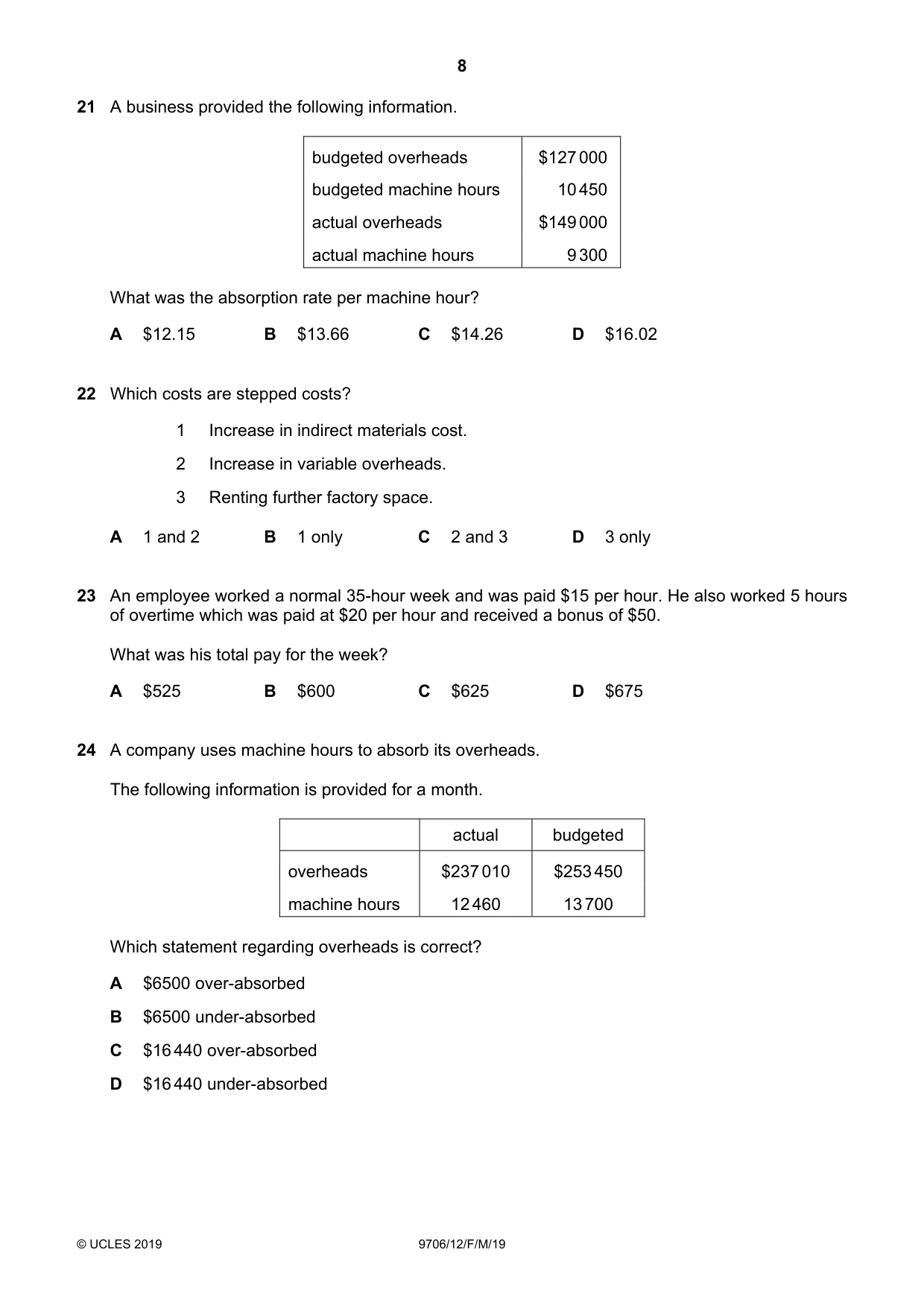 Cambridge A Level Accounting 9706 2019 Feb/March Paper 1 · Variant 2 question paper, page 8 of 12