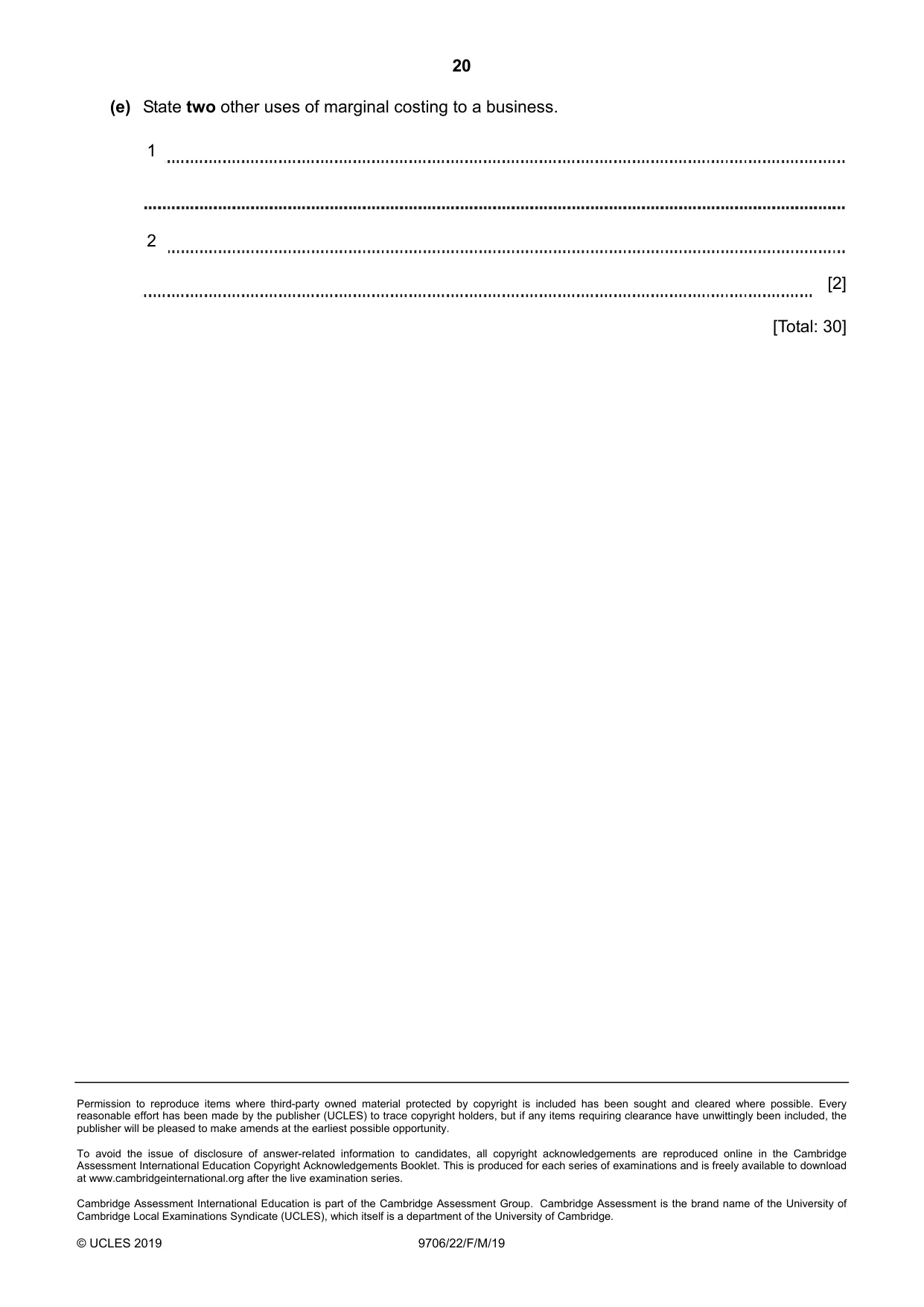 Cambridge A Level Accounting 9706 2019 Feb/March Paper 2 · Variant 2 question paper, page 20 of 20