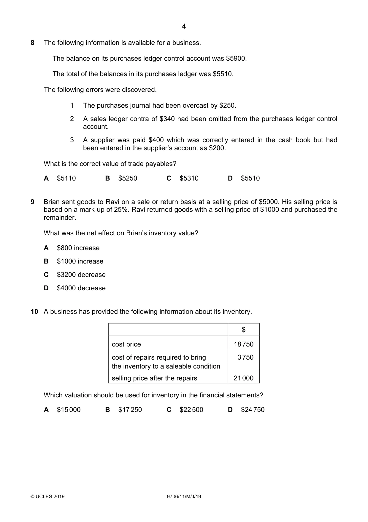 Cambridge A Level Accounting 9706 2019 May/June Paper 1 · Variant 1 question paper, page 4 of 12