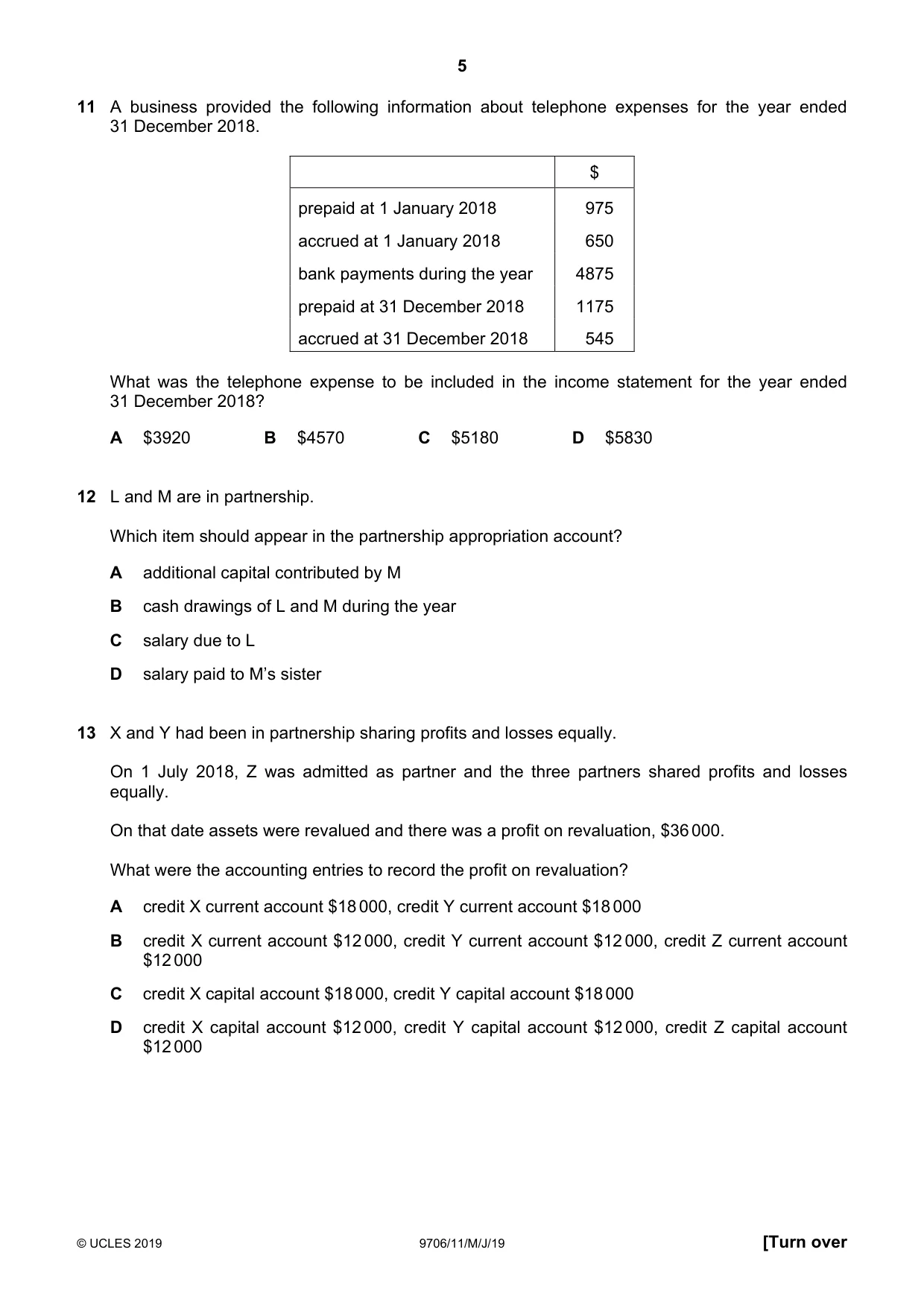 Cambridge A Level Accounting 9706 2019 May/June Paper 1 · Variant 1 question paper, page 5 of 12
