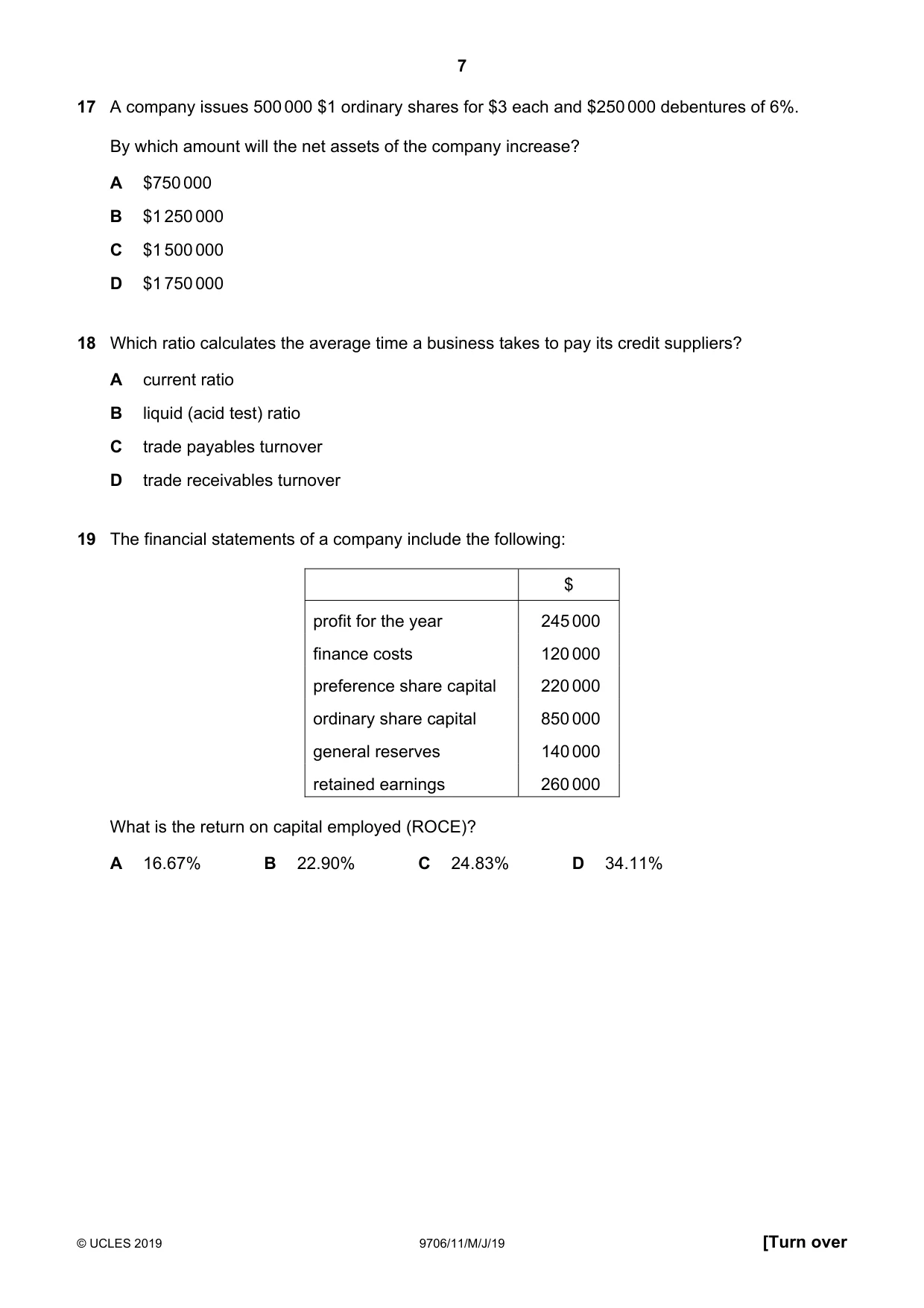 Cambridge A Level Accounting 9706 2019 May/June Paper 1 · Variant 1 question paper, page 7 of 12