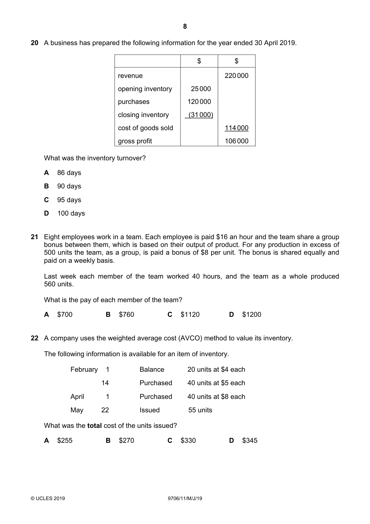 Cambridge A Level Accounting 9706 2019 May/June Paper 1 · Variant 1 question paper, page 8 of 12