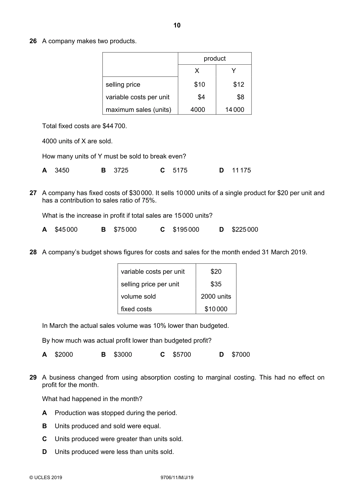 Cambridge A Level Accounting 9706 2019 May/June Paper 1 · Variant 1 question paper, page 10 of 12