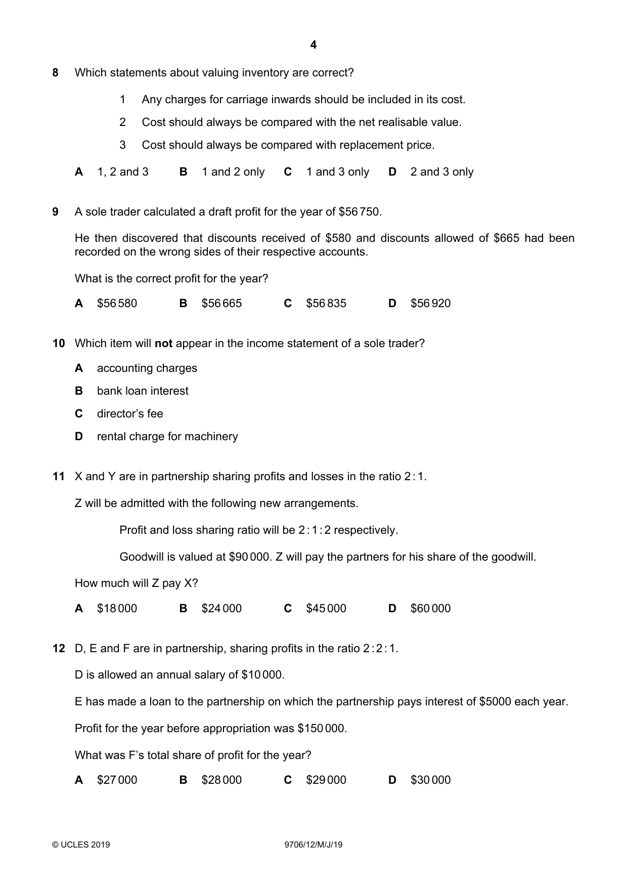 Cambridge A Level Accounting 9706 2019 May/June Paper 1 · Variant 2 question paper, page 4 of 12