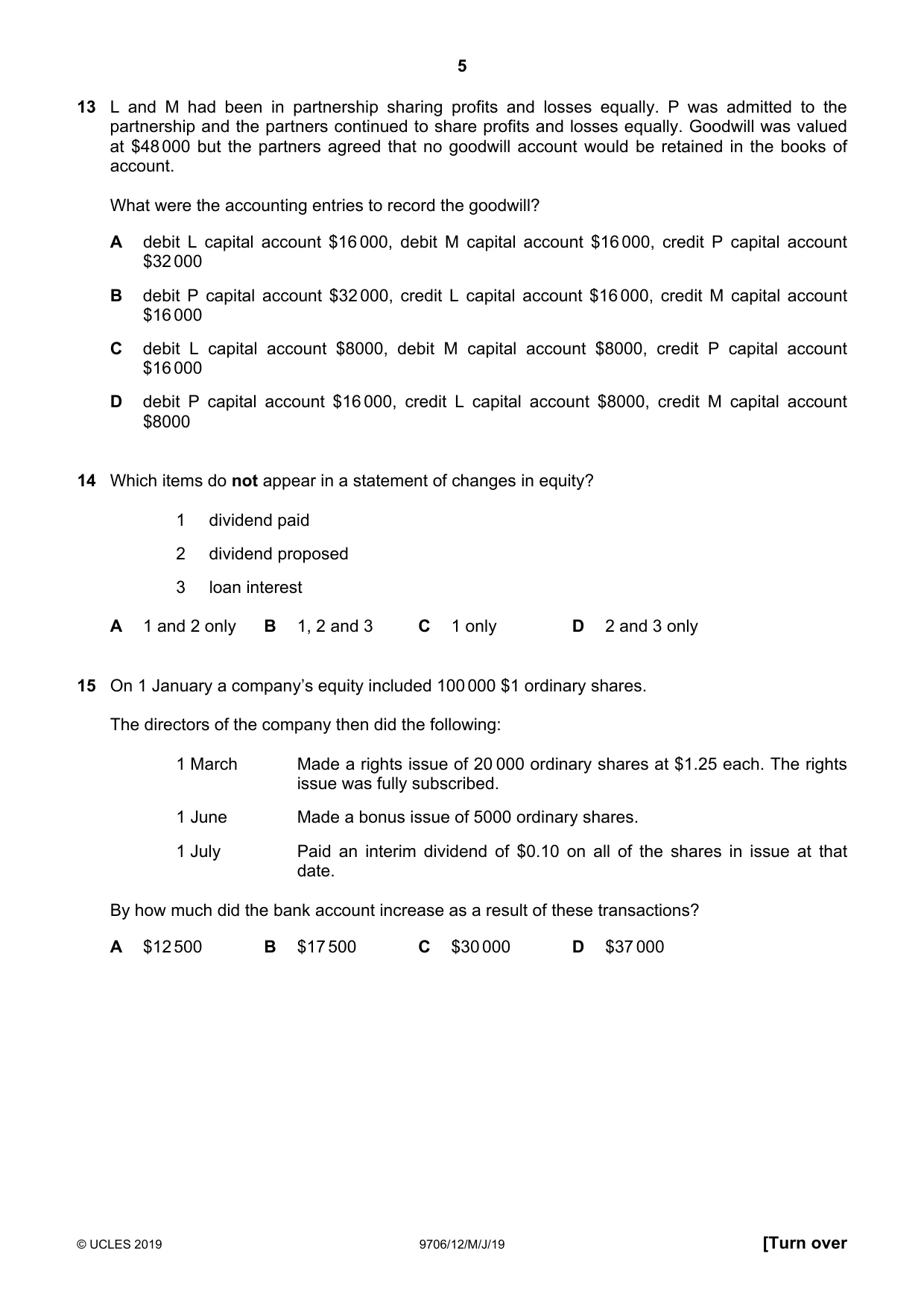 Cambridge A Level Accounting 9706 2019 May/June Paper 1 · Variant 2 question paper, page 5 of 12